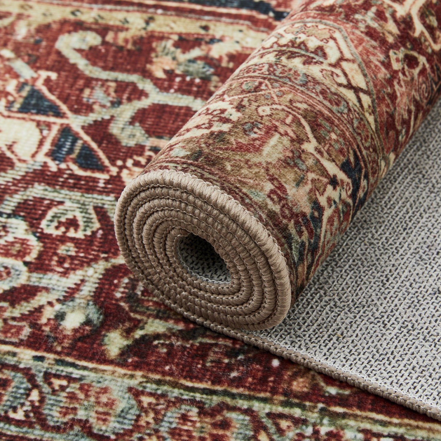Rust & Navy Heriz Medallion Washable Rug - Traditional Persian Geometric Carpet