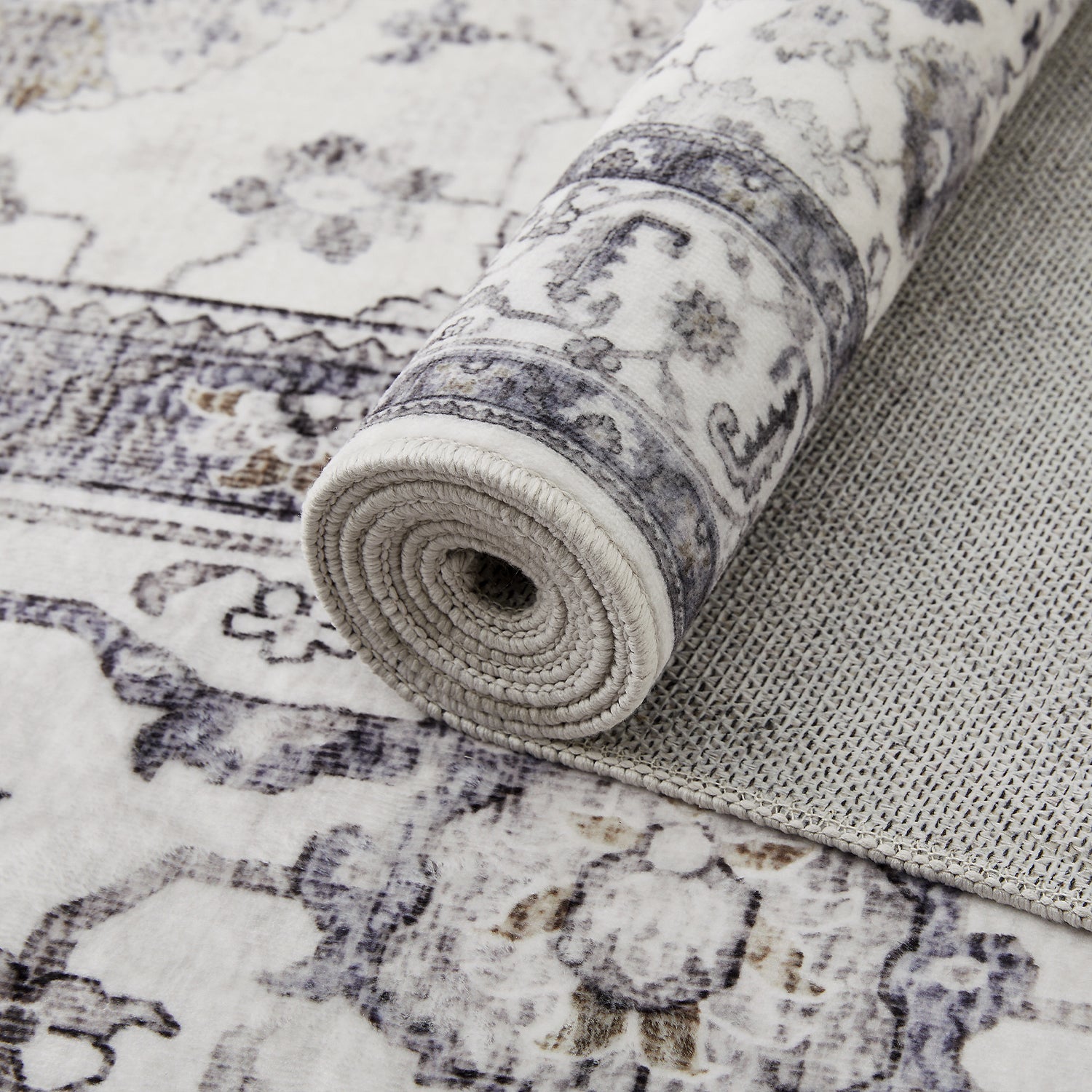 Grey & Ivory Distressed Persian Floral Washable Rug - Traditional All-Over Border Carpet