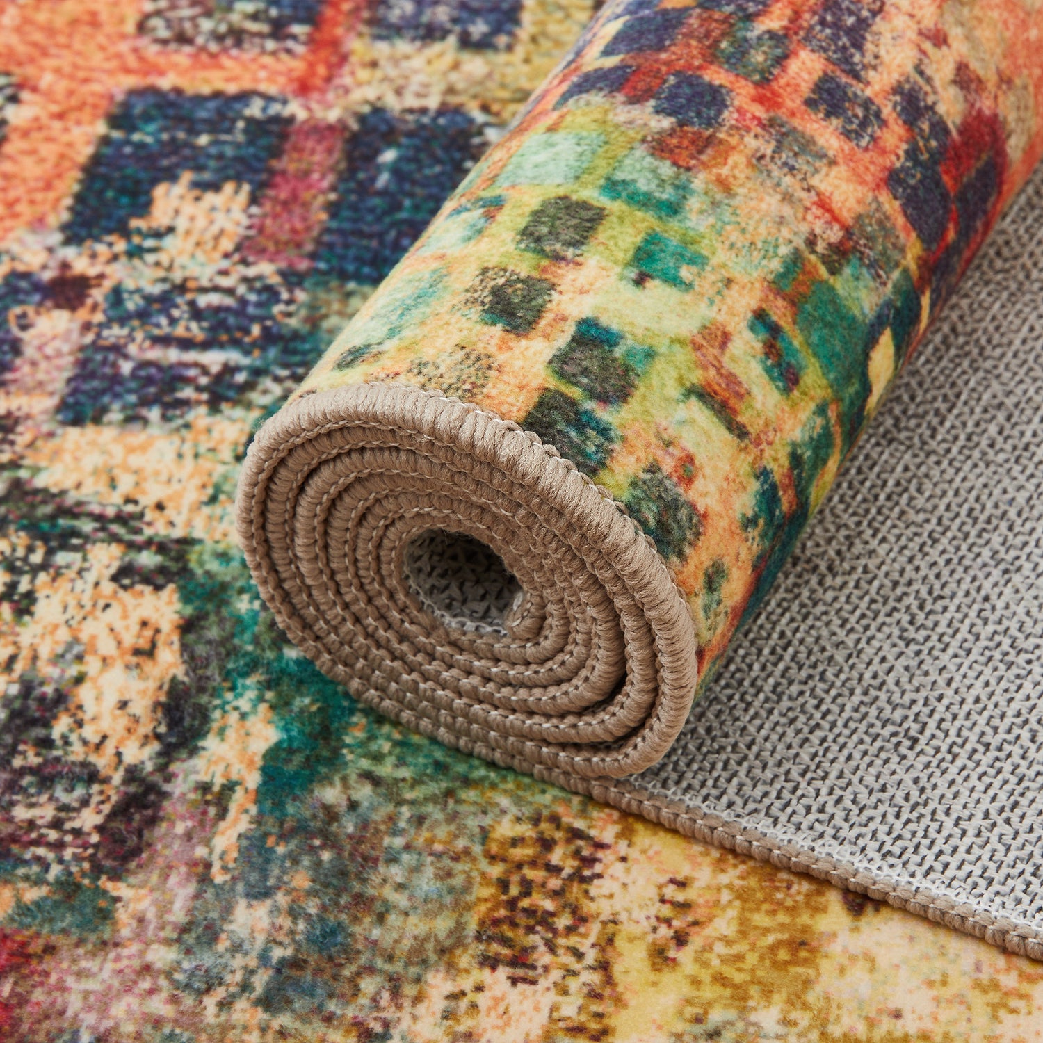 Multicolour Abstract Pixel Mosaic Washable Rug - Modern Fade Design Carpet