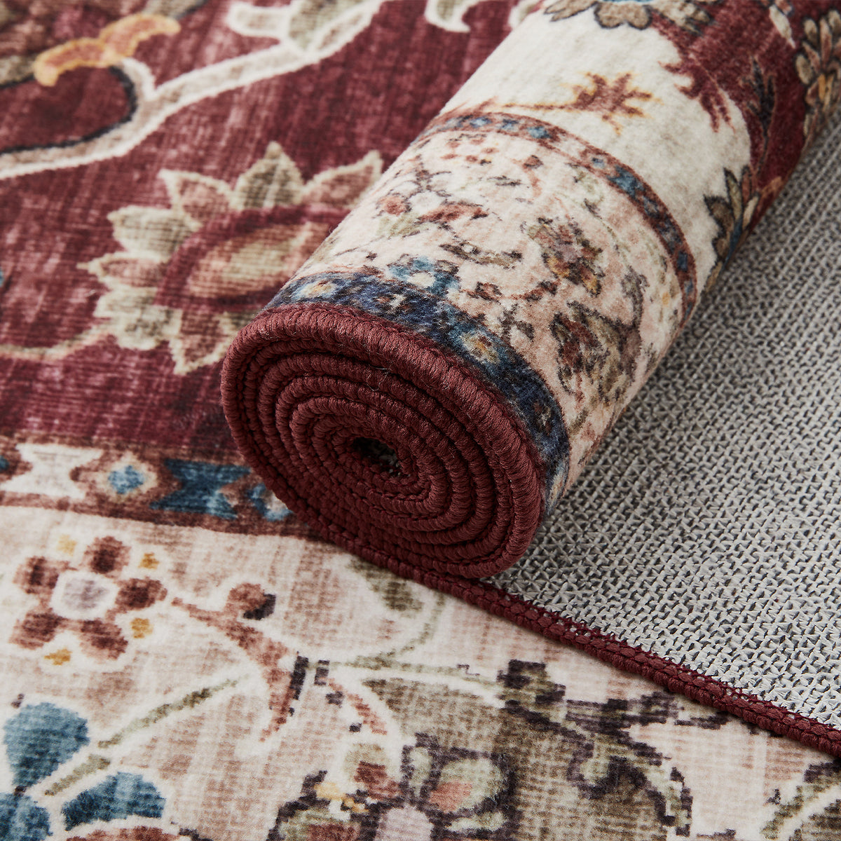 Burgundy & Beige Persian Floral Medallion Washable Rug - Classic Kashan/Tabriz Carpet