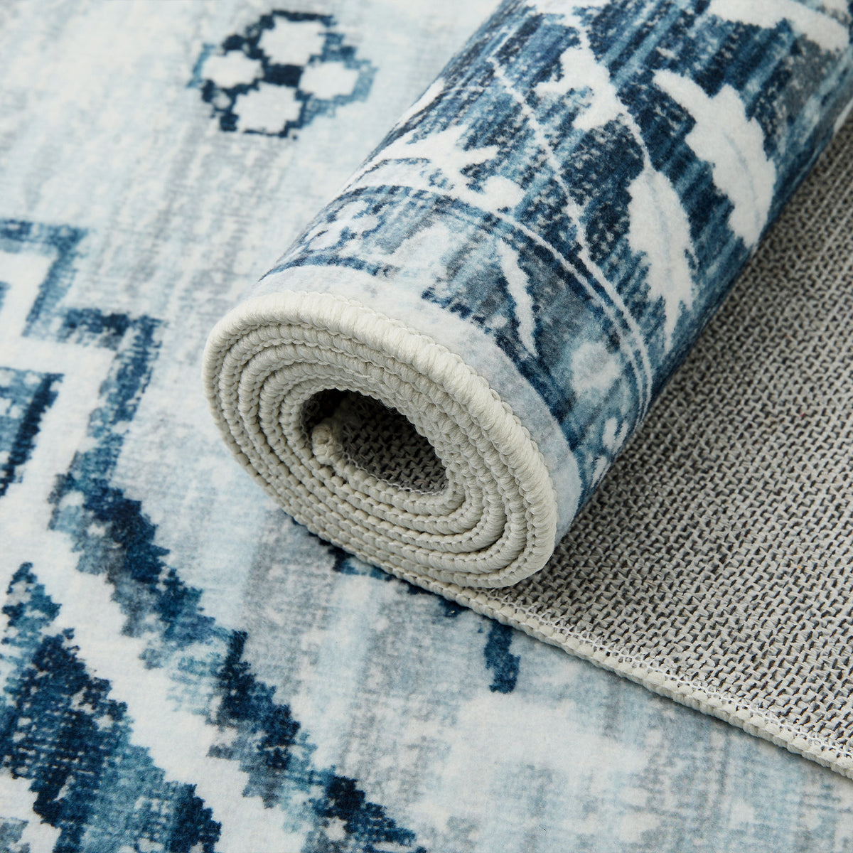 Blue Distressed Heriz Medallion Washable Rug - Persian Geometric Area Carpet