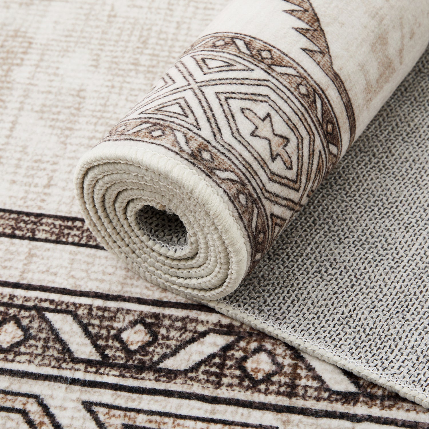 Neutral Cream & Brown Tribal Kilim Washable Runner Rug - Scandinavian Boho Carpet