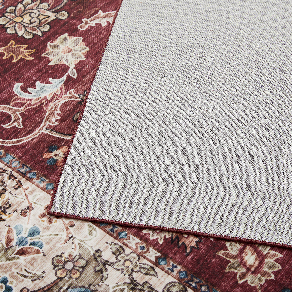 Burgundy & Beige Persian Floral Medallion Washable Rug - Classic Kashan/Tabriz Carpet