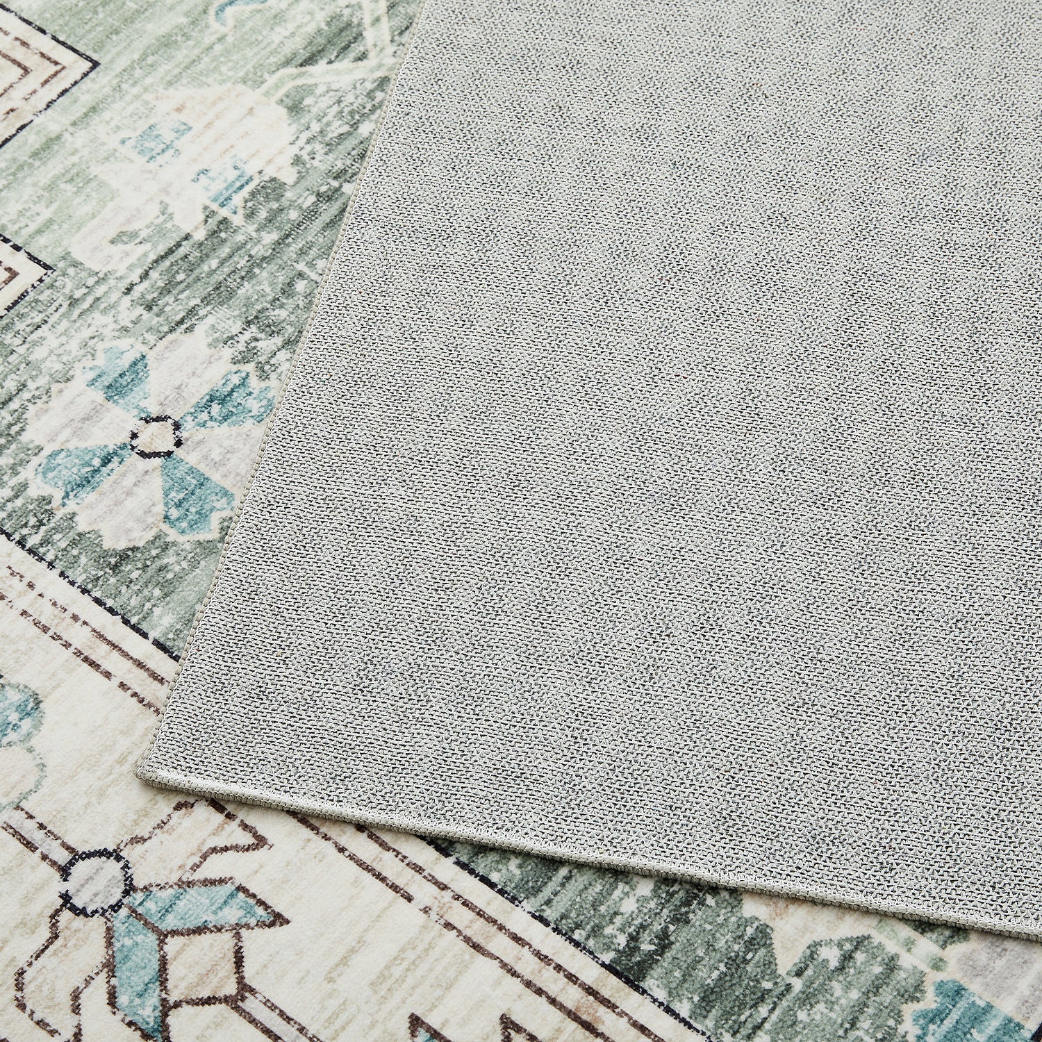 Sage Green Heriz Medallion Washable Rug - Vintage Distressed Persian Geometric Carpet