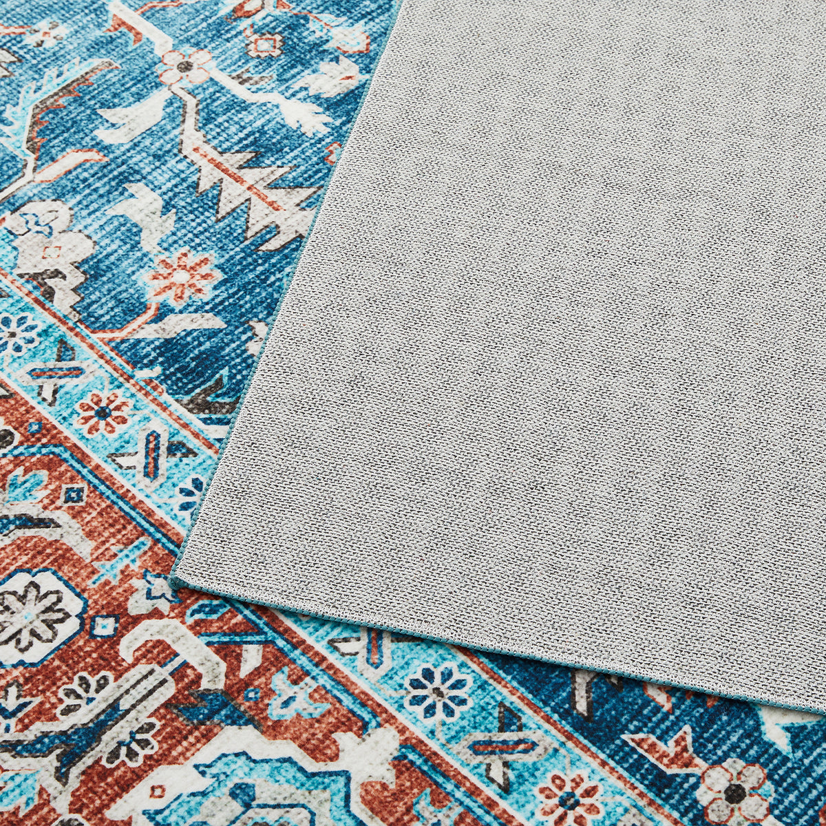 Turquoise & Terracotta Heriz Medallion Washable Carpet Rug - Classic Persian Style