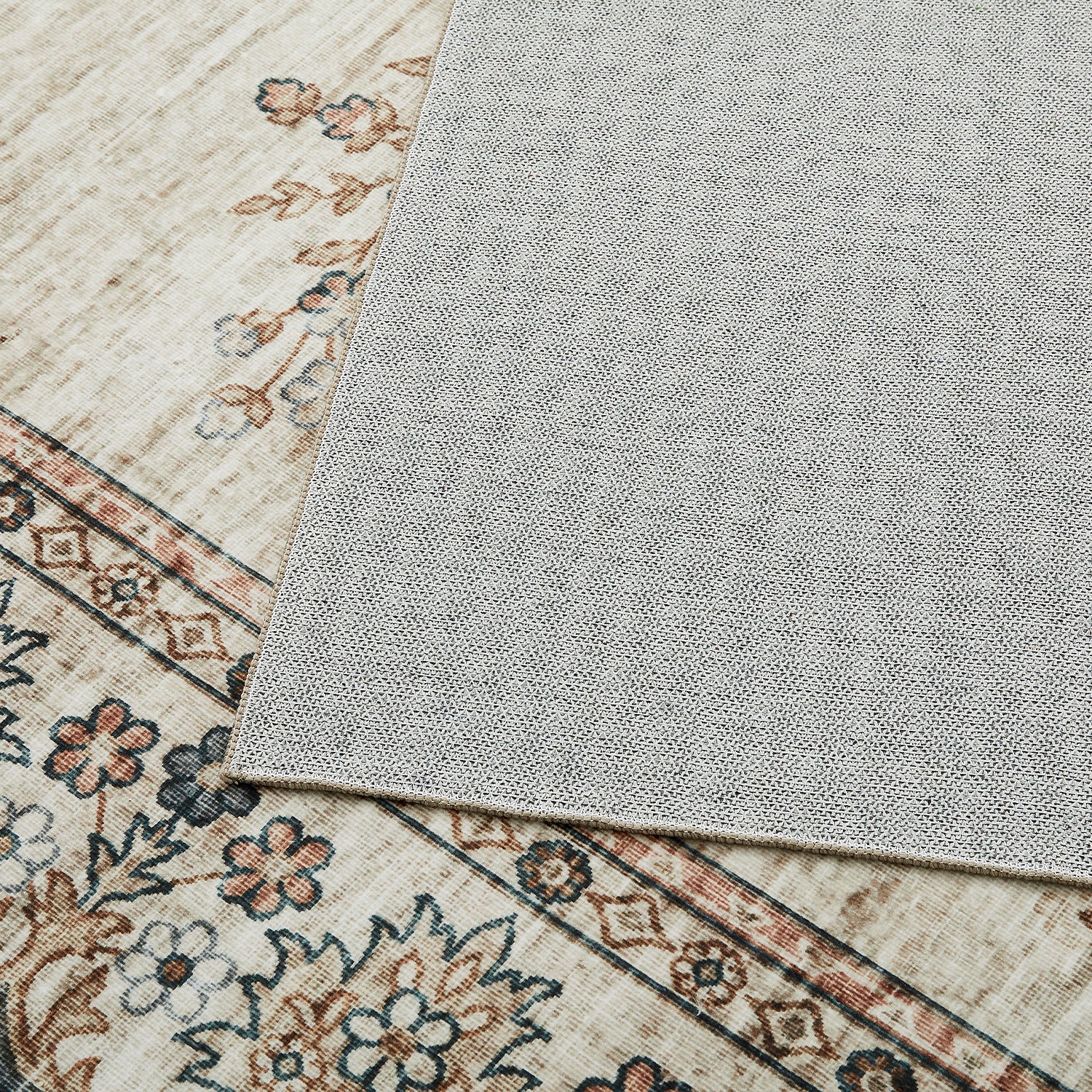 Beige & Terracotta Persian Floral Medallion Washable Rug - Vintage Distressed Carpet