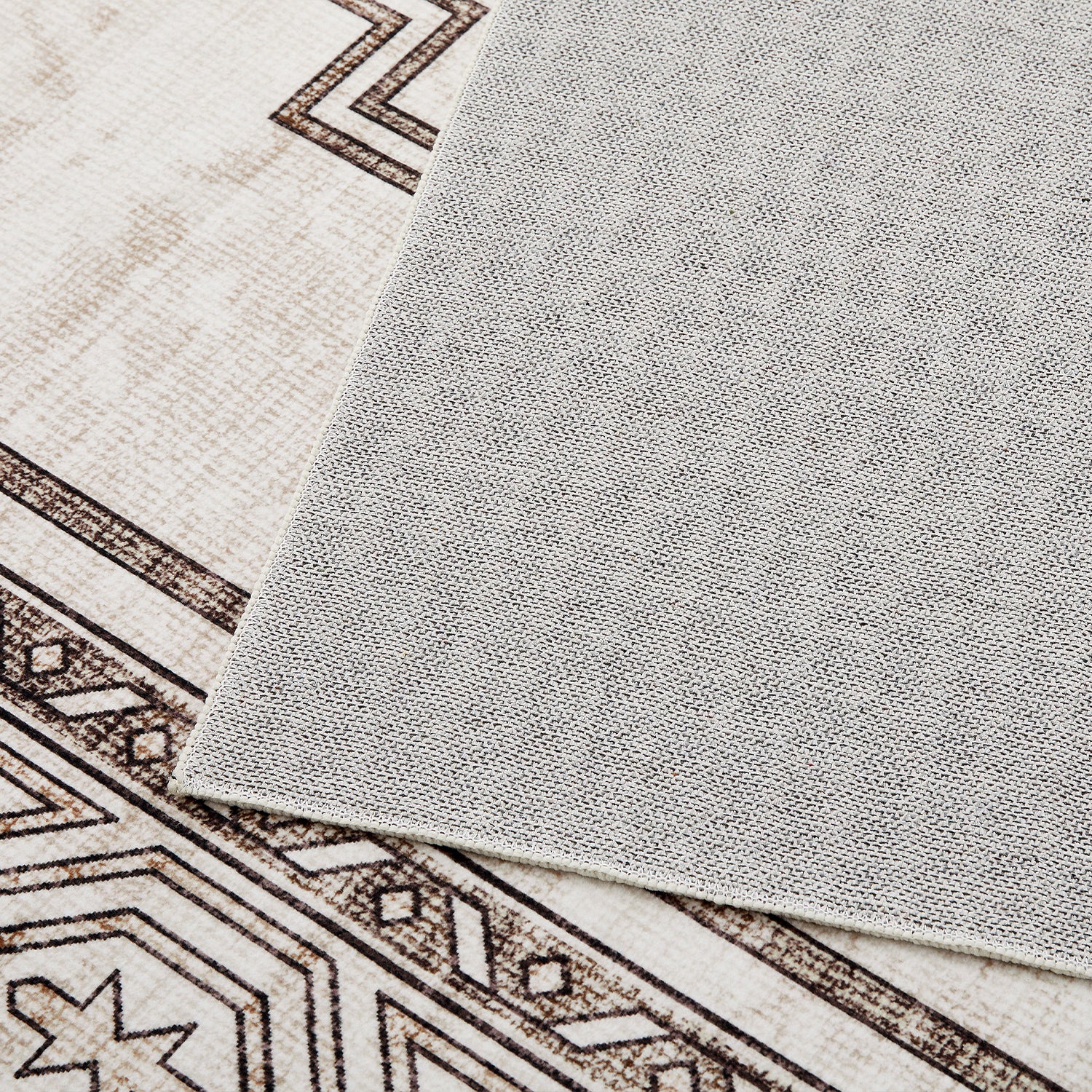 Neutral Cream & Brown Tribal Kilim Washable Runner Rug - Scandinavian Boho Carpet