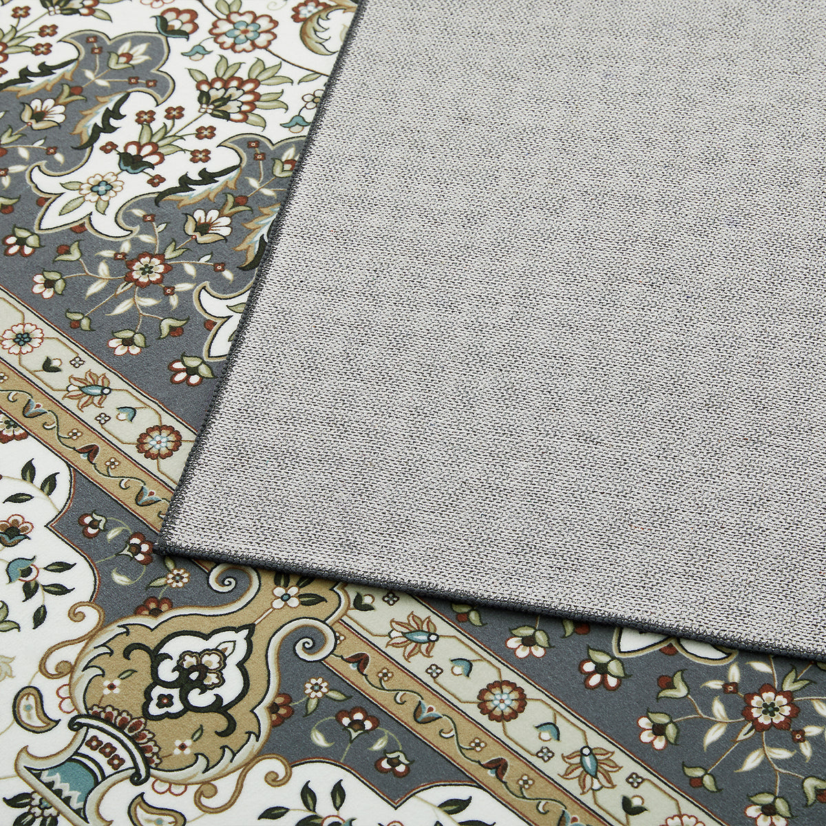Grey & Cream Persian Rosette Medallion Washable Rug - Traditional Isfahan Carpet