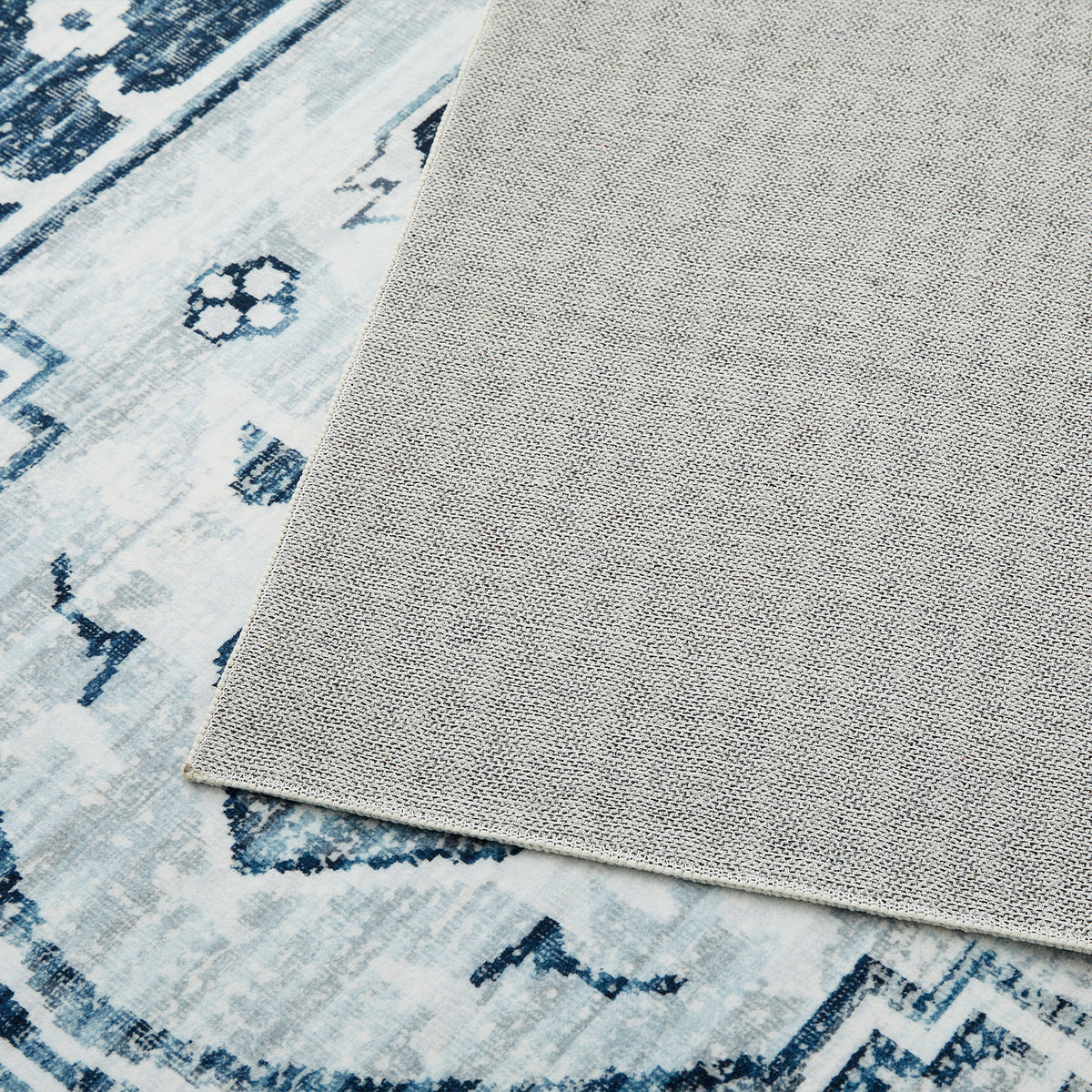 Blue Distressed Heriz Medallion Washable Rug - Persian Geometric Area Carpet