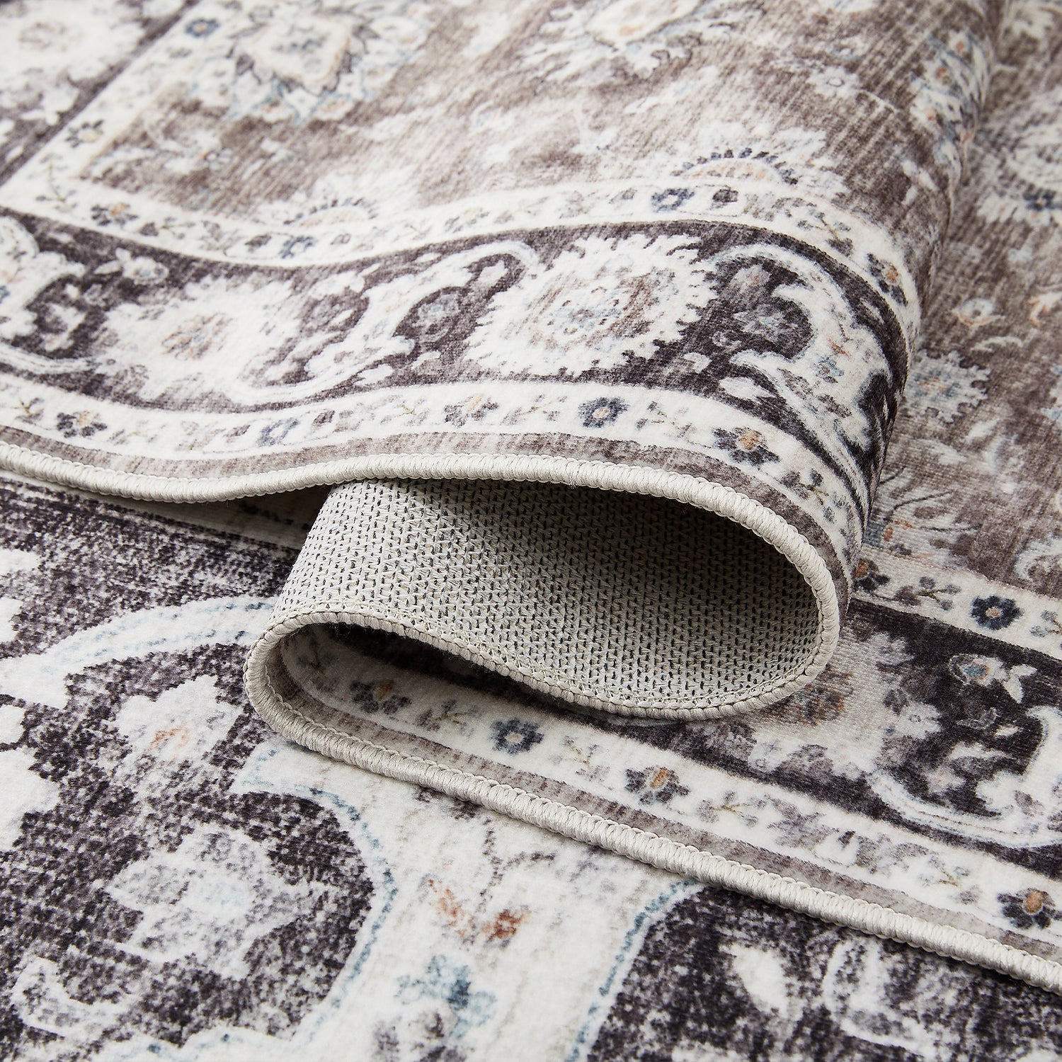 Charcoal & Brown Distressed Persian Floral Washable Rug - Traditional Border Carpet