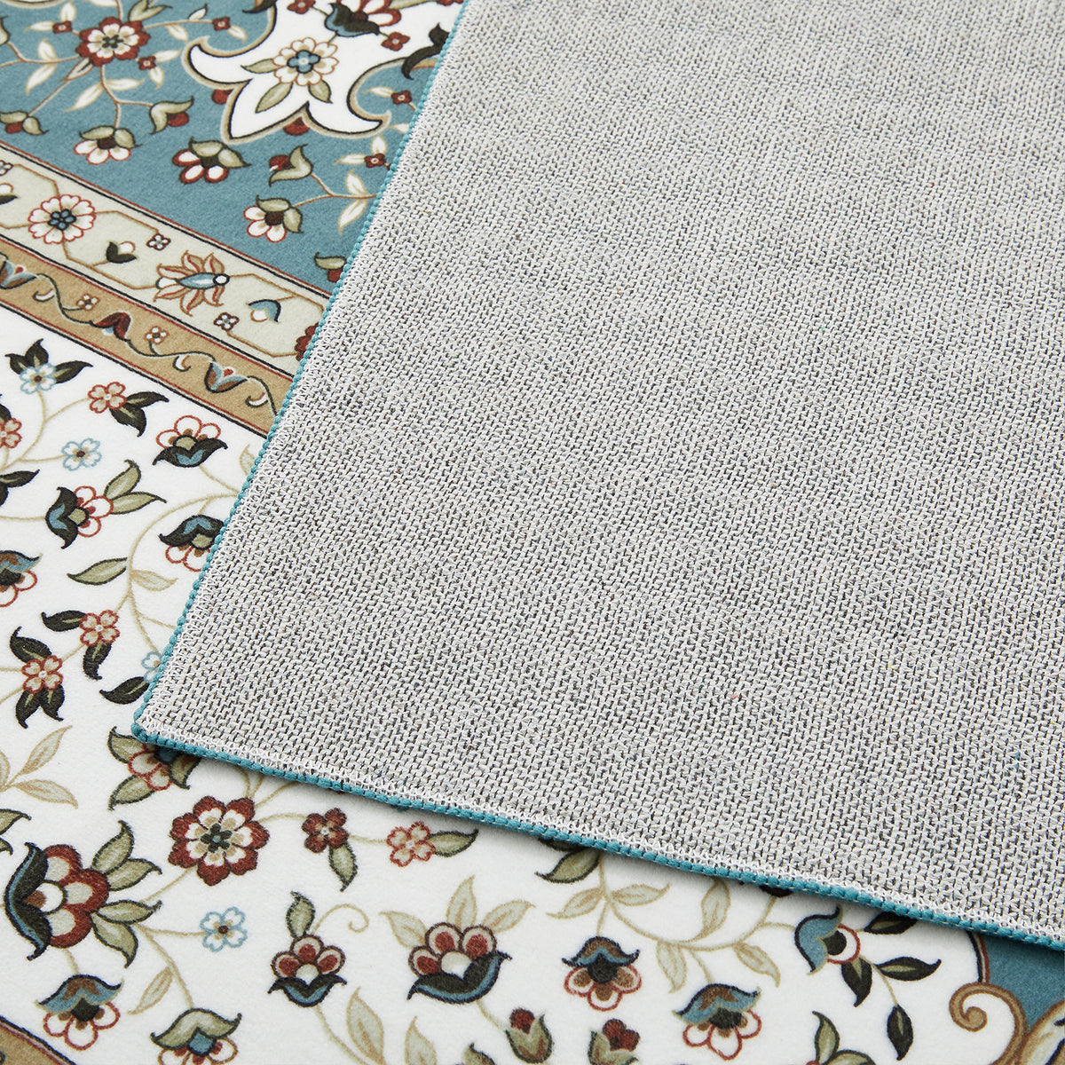 Teal & Cream Persian Medallion Washable Rug - Traditional Floral Area Carpet