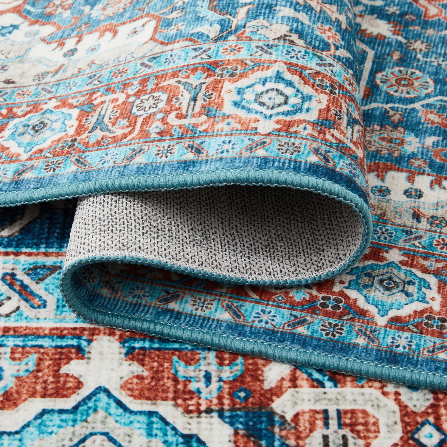 Turquoise & Terracotta Heriz Medallion Washable Carpet Rug - Classic Persian Style