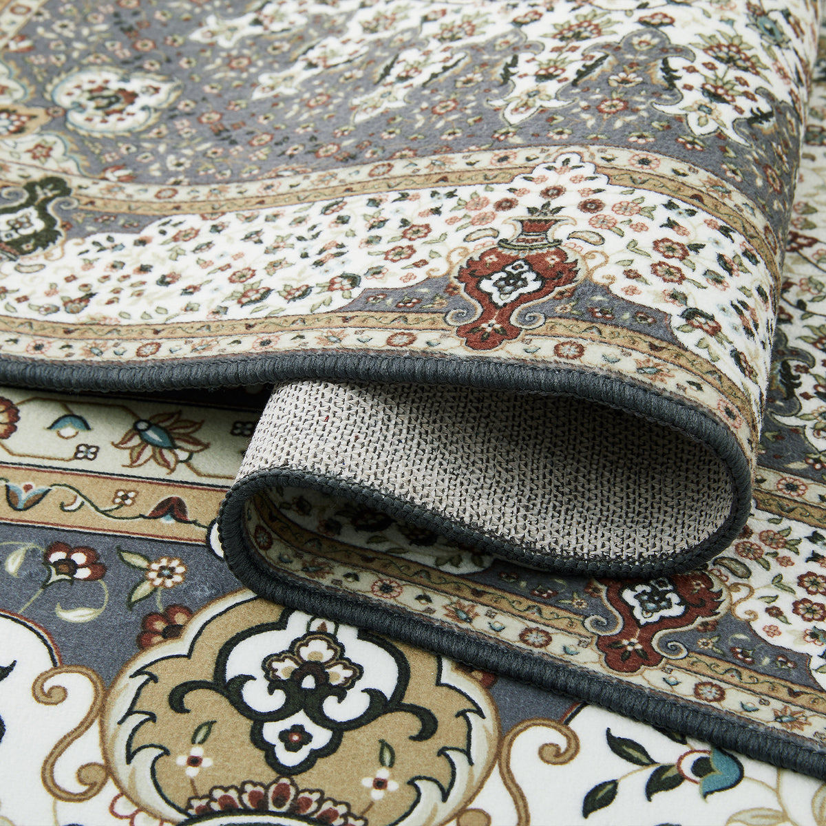 Grey & Cream Persian Rosette Medallion Washable Rug - Traditional Isfahan Carpet