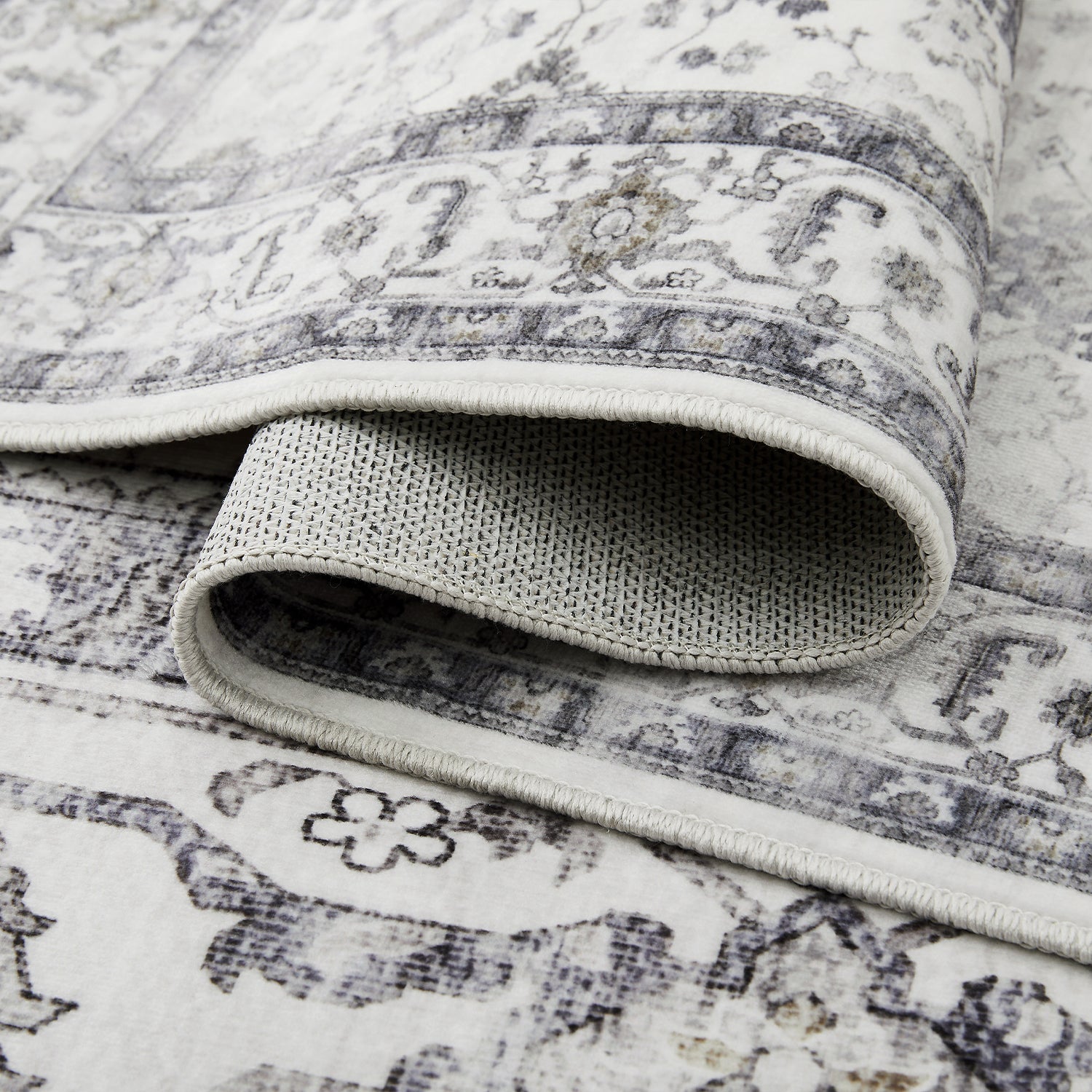 Grey & Ivory Distressed Persian Floral Washable Rug - Traditional All-Over Border Carpet