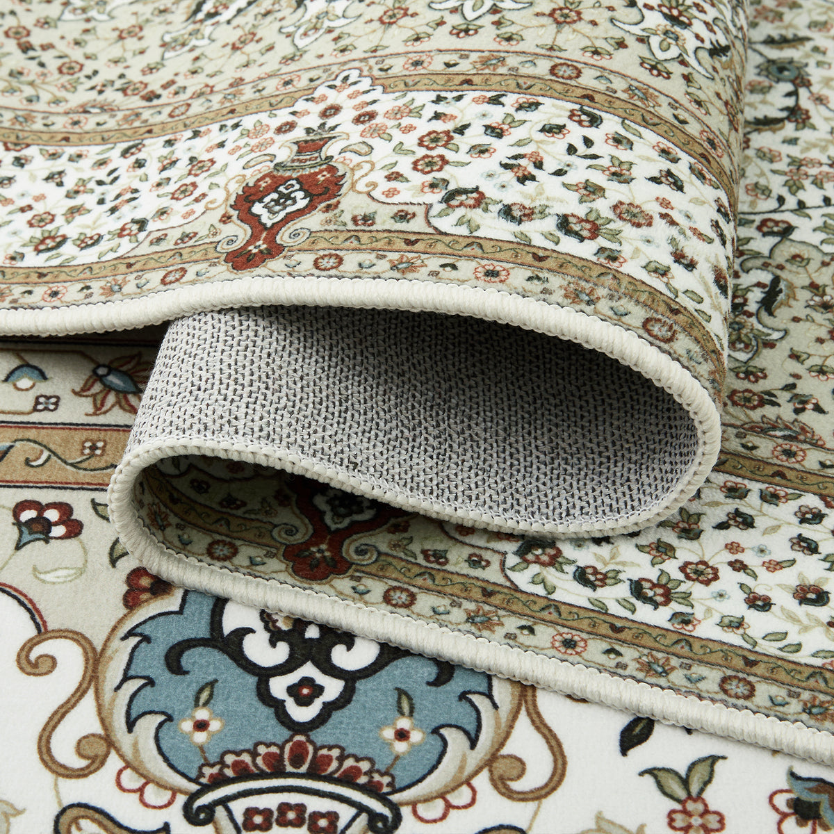 Beige & Cream Persian Medallion Washable Rug - Classic Oriental Carpet