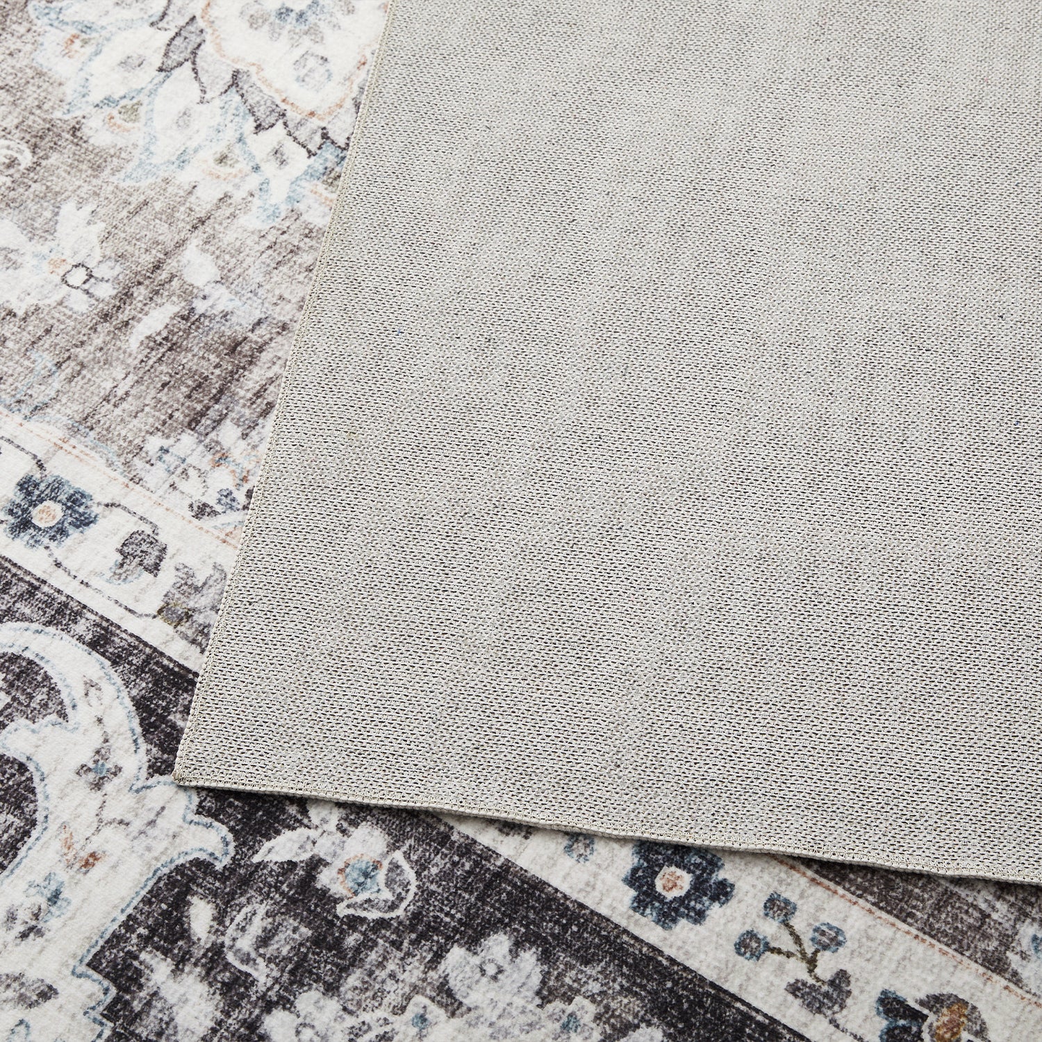 Charcoal & Brown Distressed Persian Floral Washable Rug - Traditional Border Carpet
