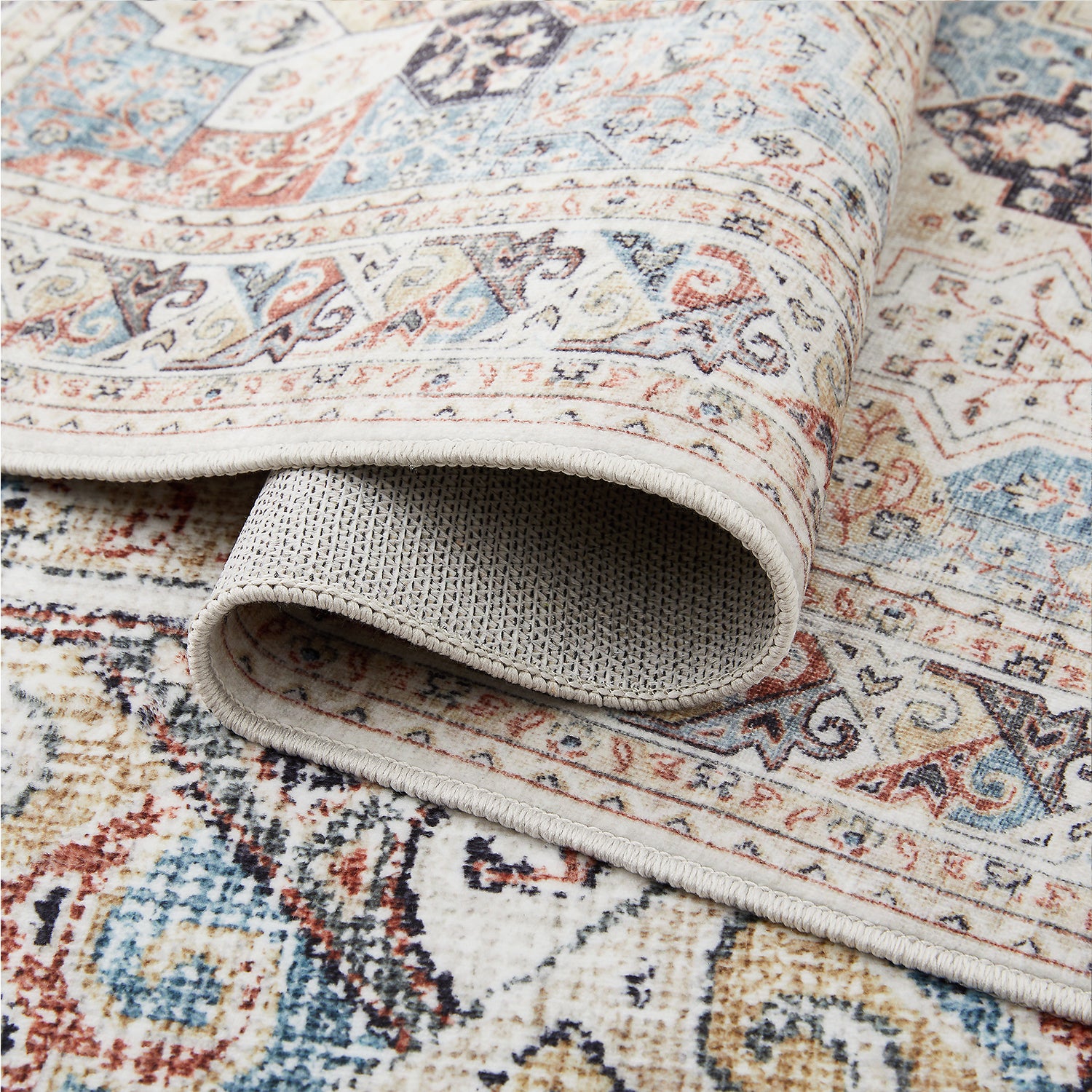 Beige & Blue Multi Mamluk Star Lattice Washable Vintage Area Rug