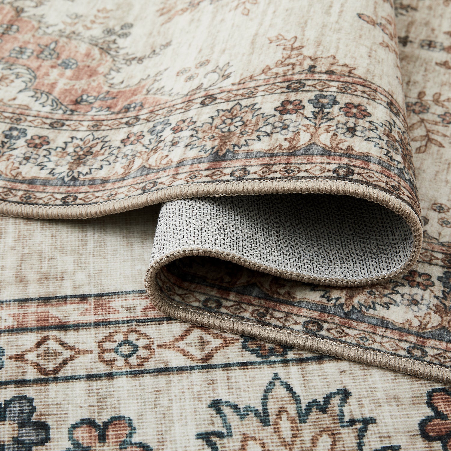 Beige & Terracotta Persian Floral Medallion Washable Rug - Vintage Distressed Carpet