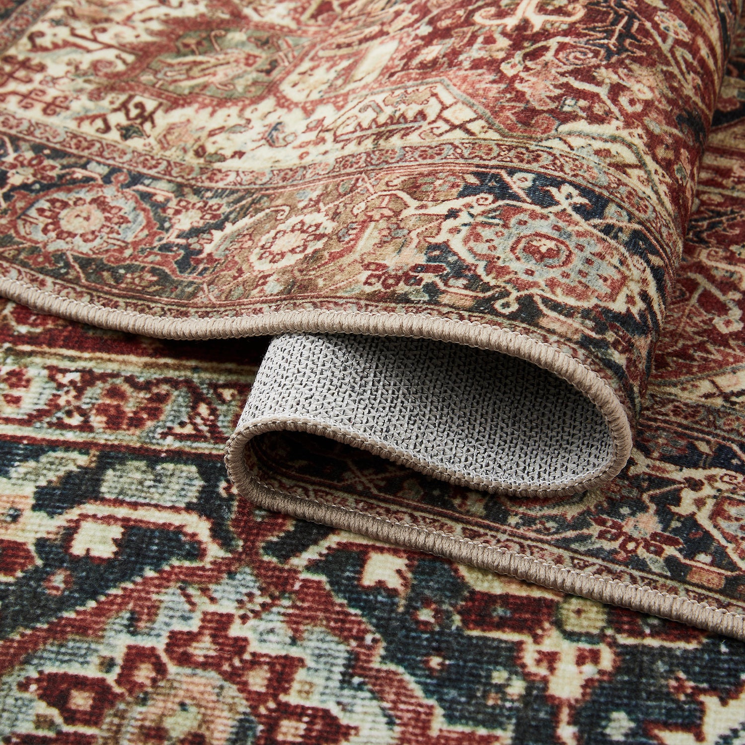 Rust & Navy Heriz Medallion Washable Rug - Traditional Persian Geometric Carpet