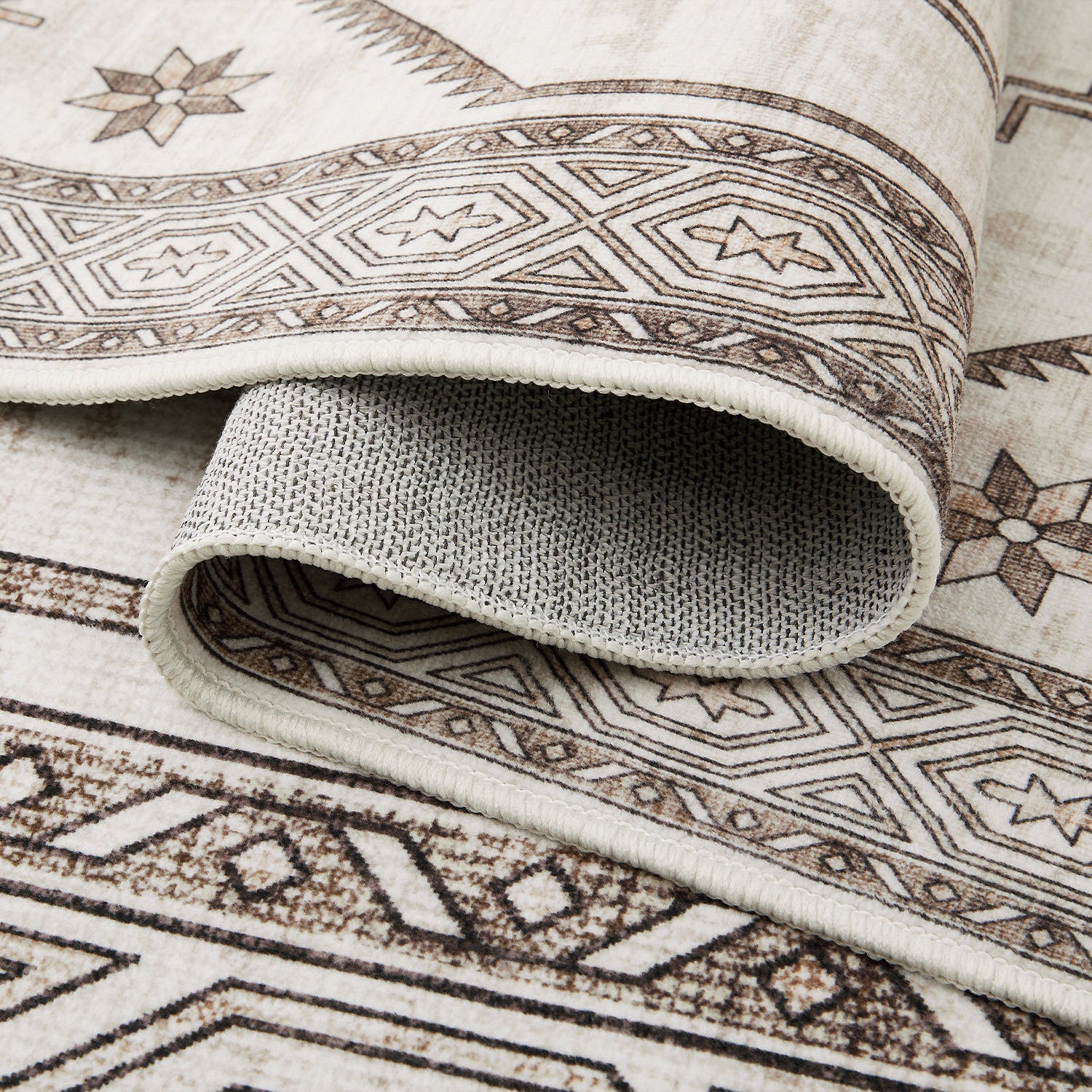 Neutral Cream & Brown Tribal Kilim Washable Runner Rug - Scandinavian Boho Carpet
