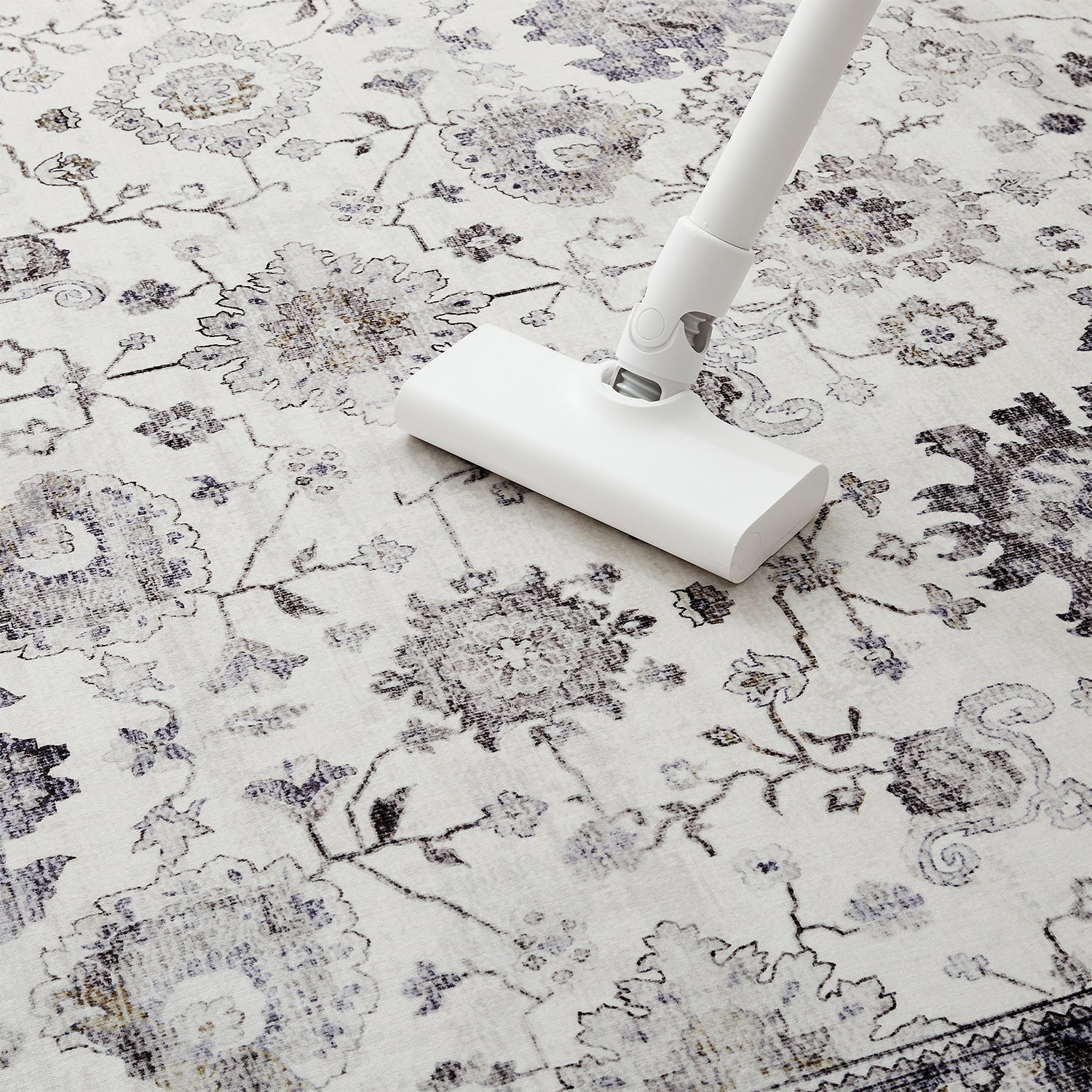 Grey & Ivory Distressed Persian Floral Washable Rug - Traditional All-Over Border Carpet