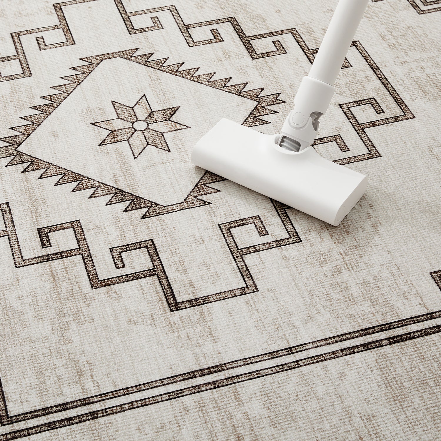 Neutral Cream & Brown Tribal Kilim Washable Runner Rug - Scandinavian Boho Carpet