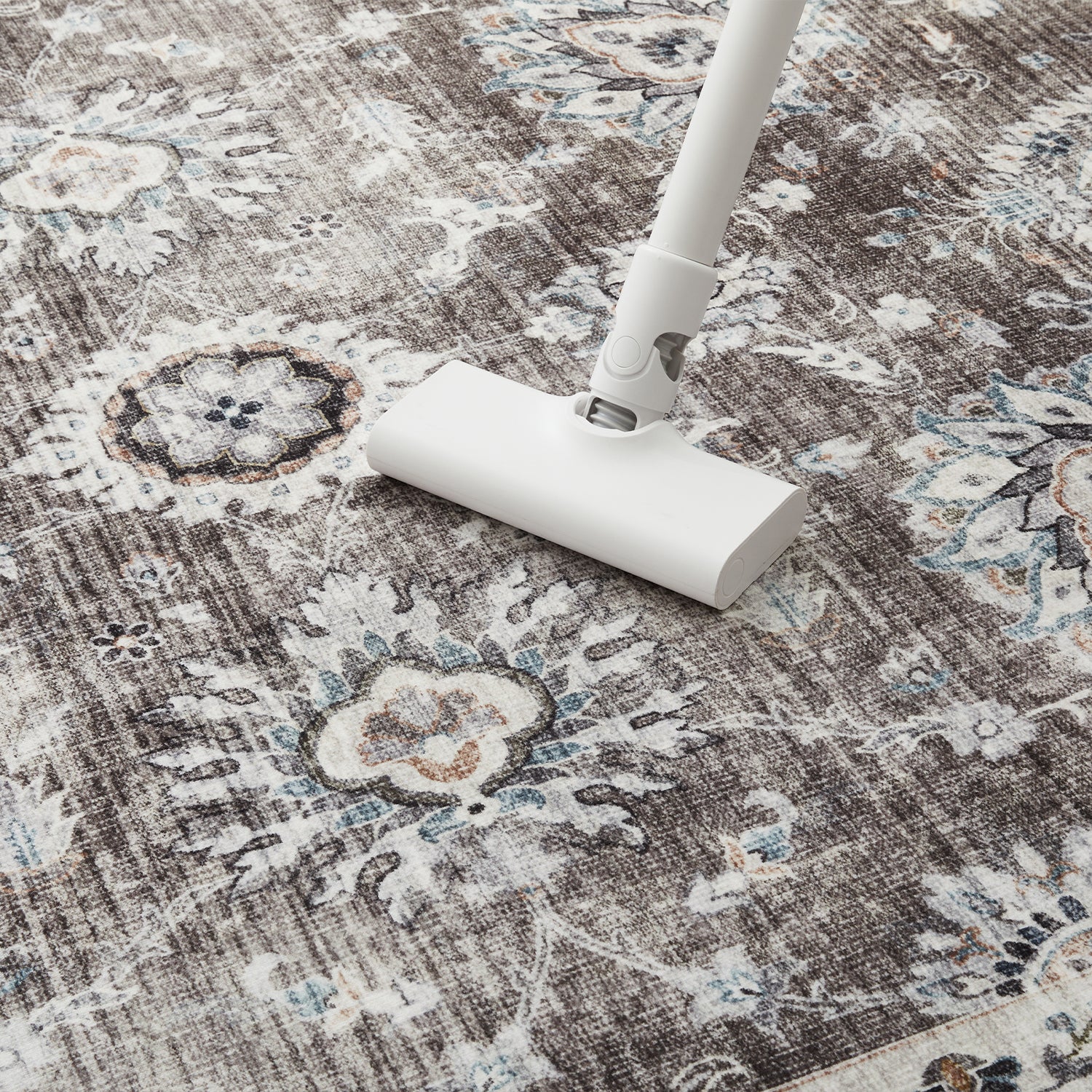 Charcoal & Brown Distressed Persian Floral Washable Rug - Traditional Border Carpet