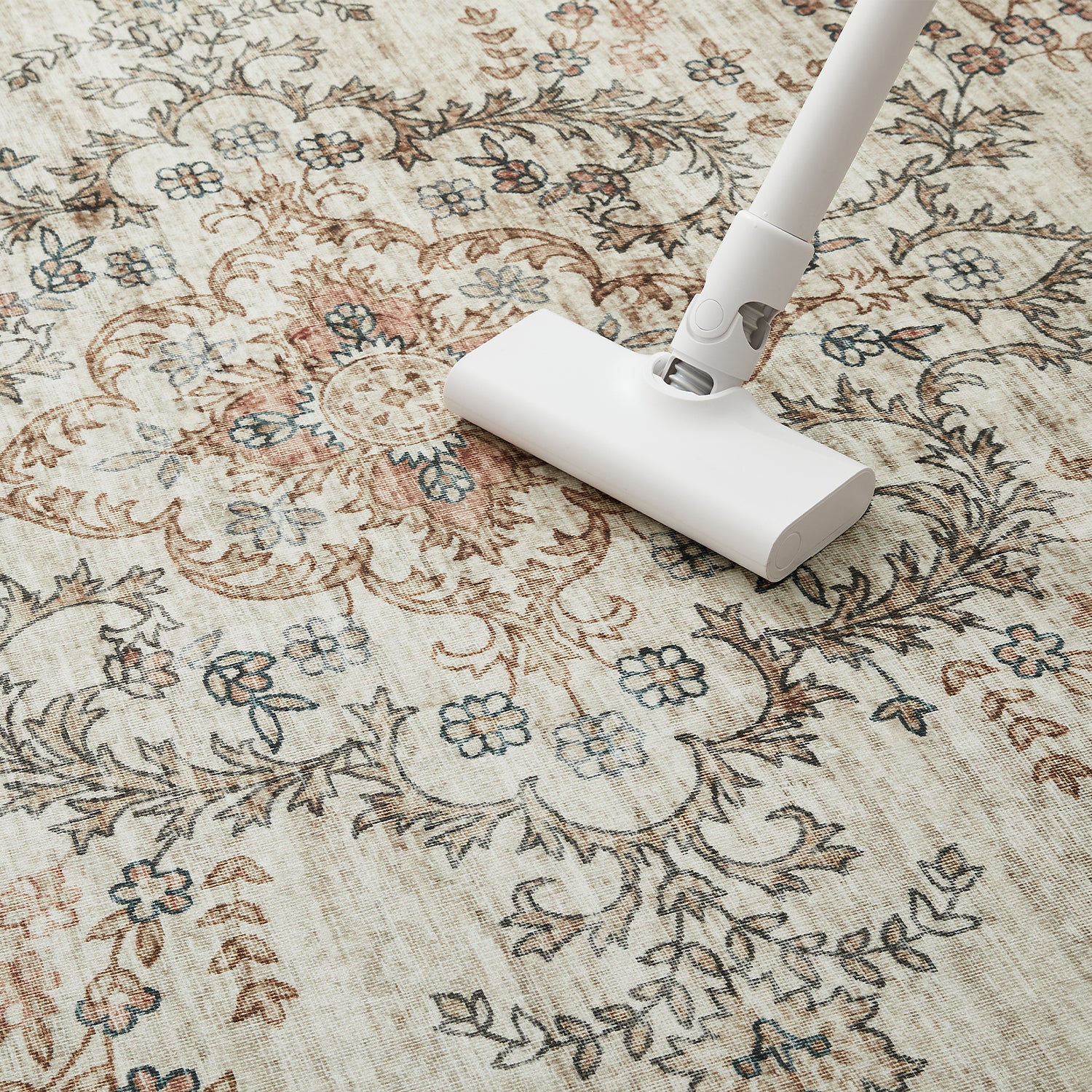 Beige & Terracotta Persian Floral Medallion Washable Rug - Vintage Distressed Carpet