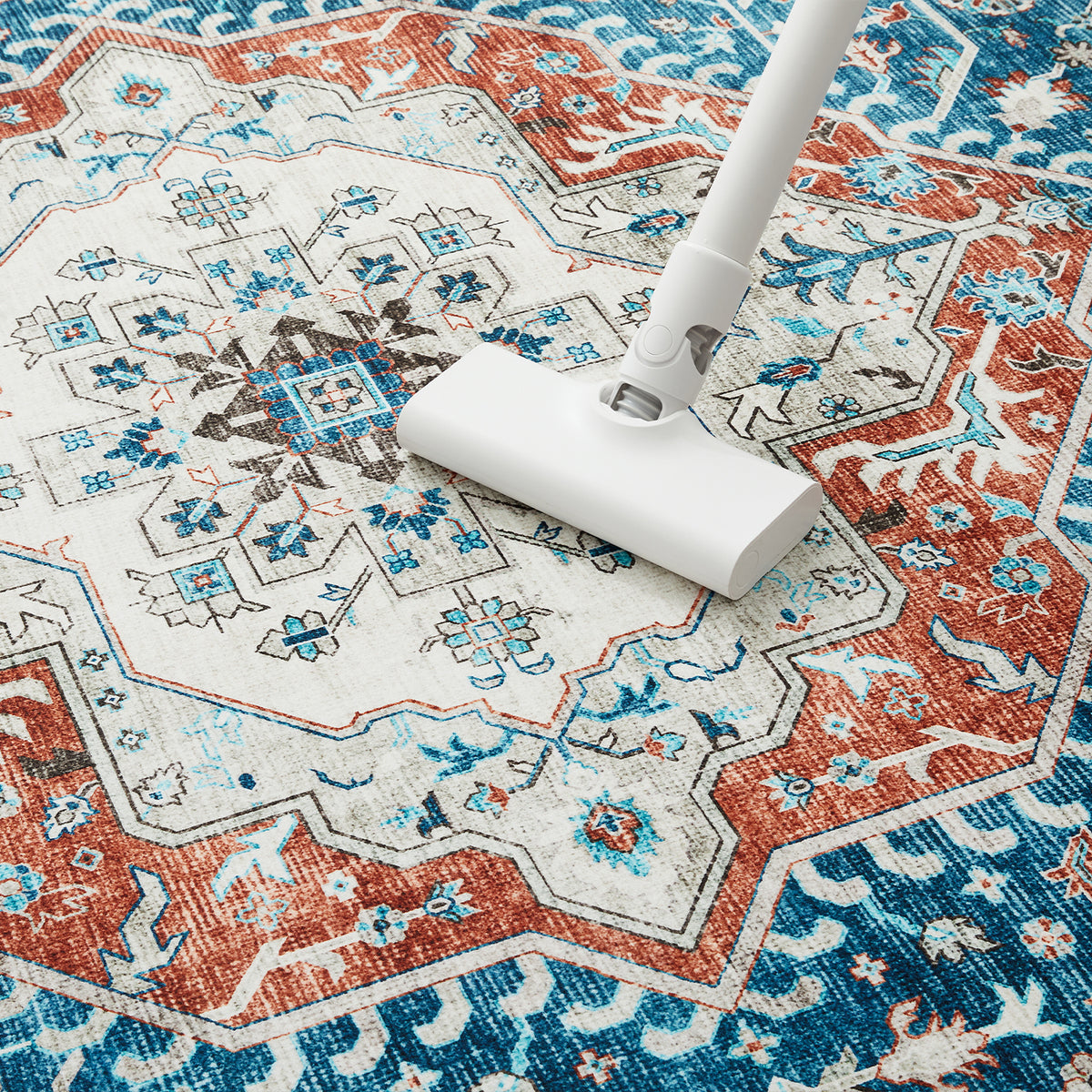 Turquoise & Terracotta Heriz Medallion Washable Carpet Rug - Classic Persian Style