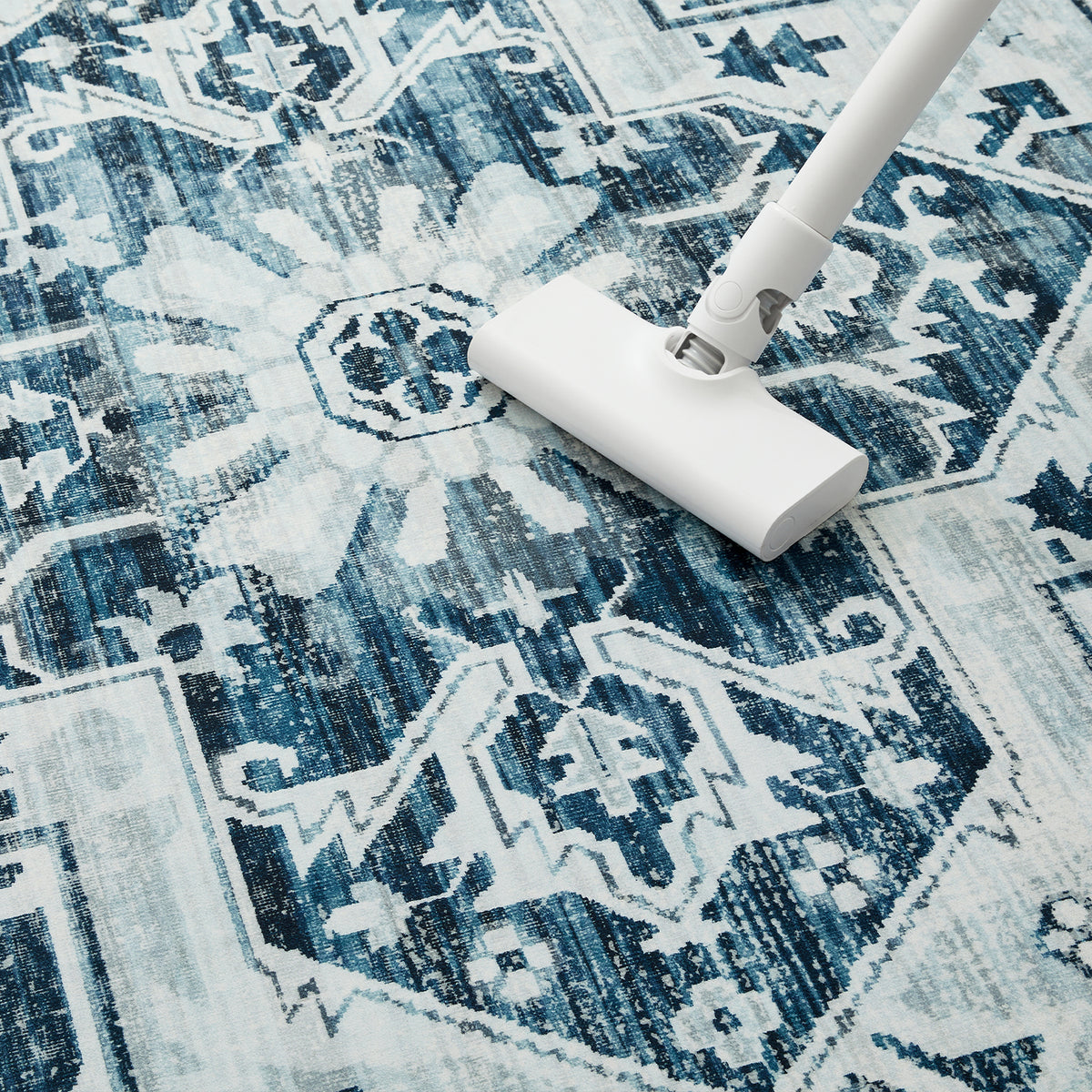 Blue Distressed Heriz Medallion Washable Rug - Persian Geometric Area Carpet