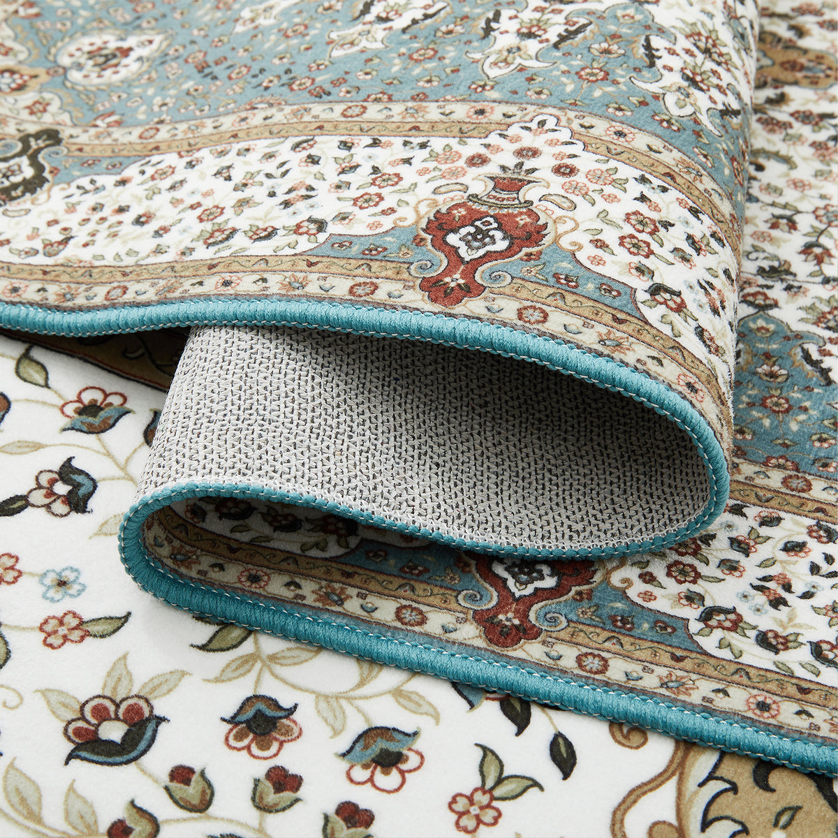 Teal & Cream Persian Medallion Washable Rug - Traditional Floral Area Carpet