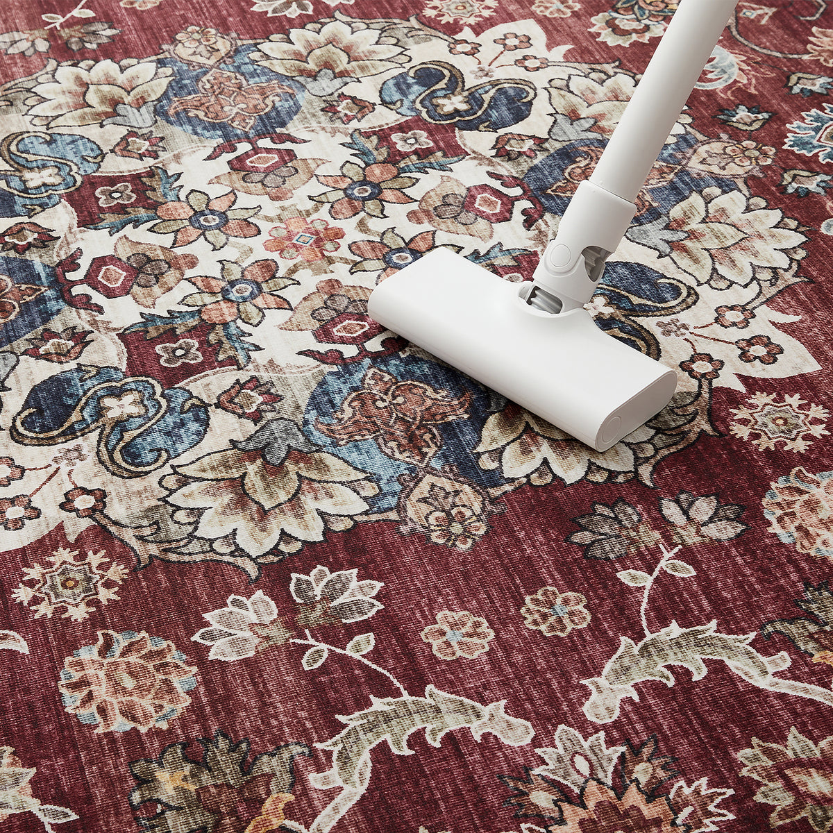 Burgundy & Beige Persian Floral Medallion Washable Rug - Classic Kashan/Tabriz Carpet