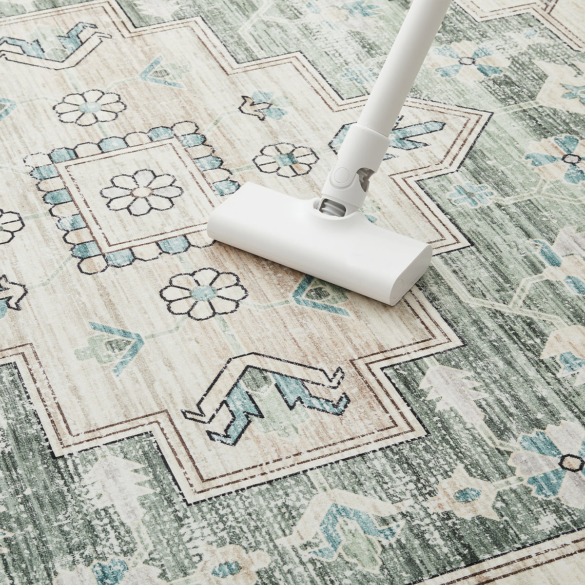 Sage Green Heriz Medallion Washable Rug - Vintage Distressed Persian Geometric Carpet