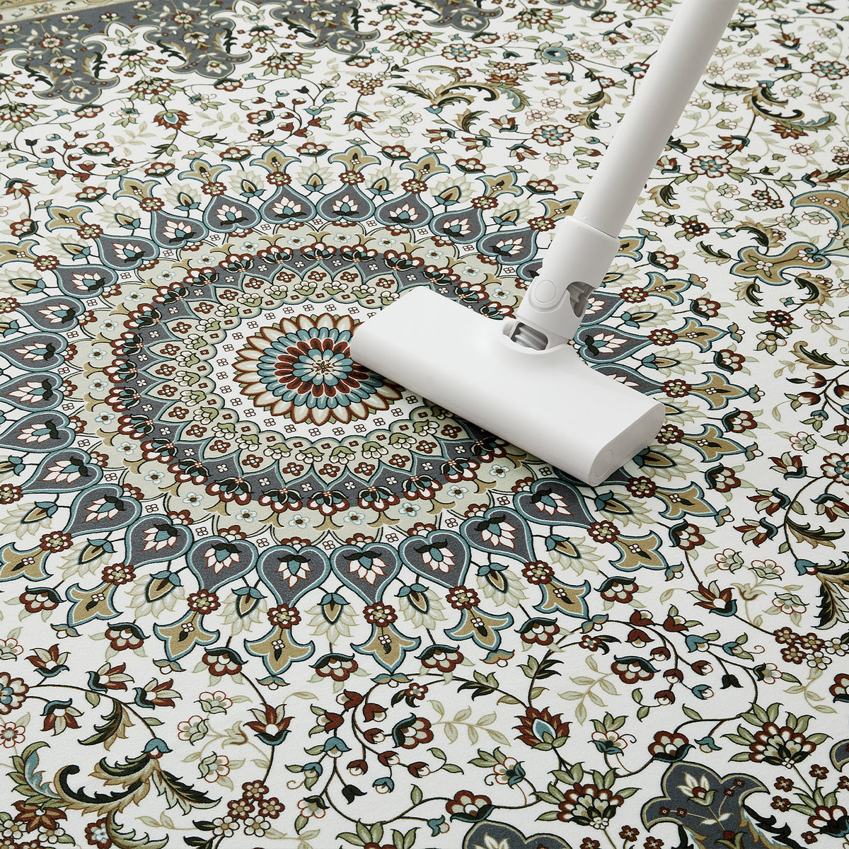 Grey & Cream Persian Rosette Medallion Washable Rug - Traditional Isfahan Carpet