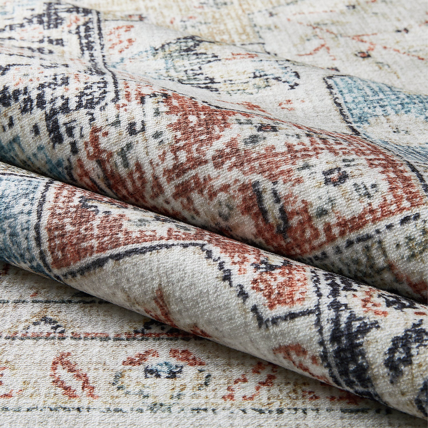 Beige & Blue Multi Mamluk Star Lattice Washable Vintage Area Rug