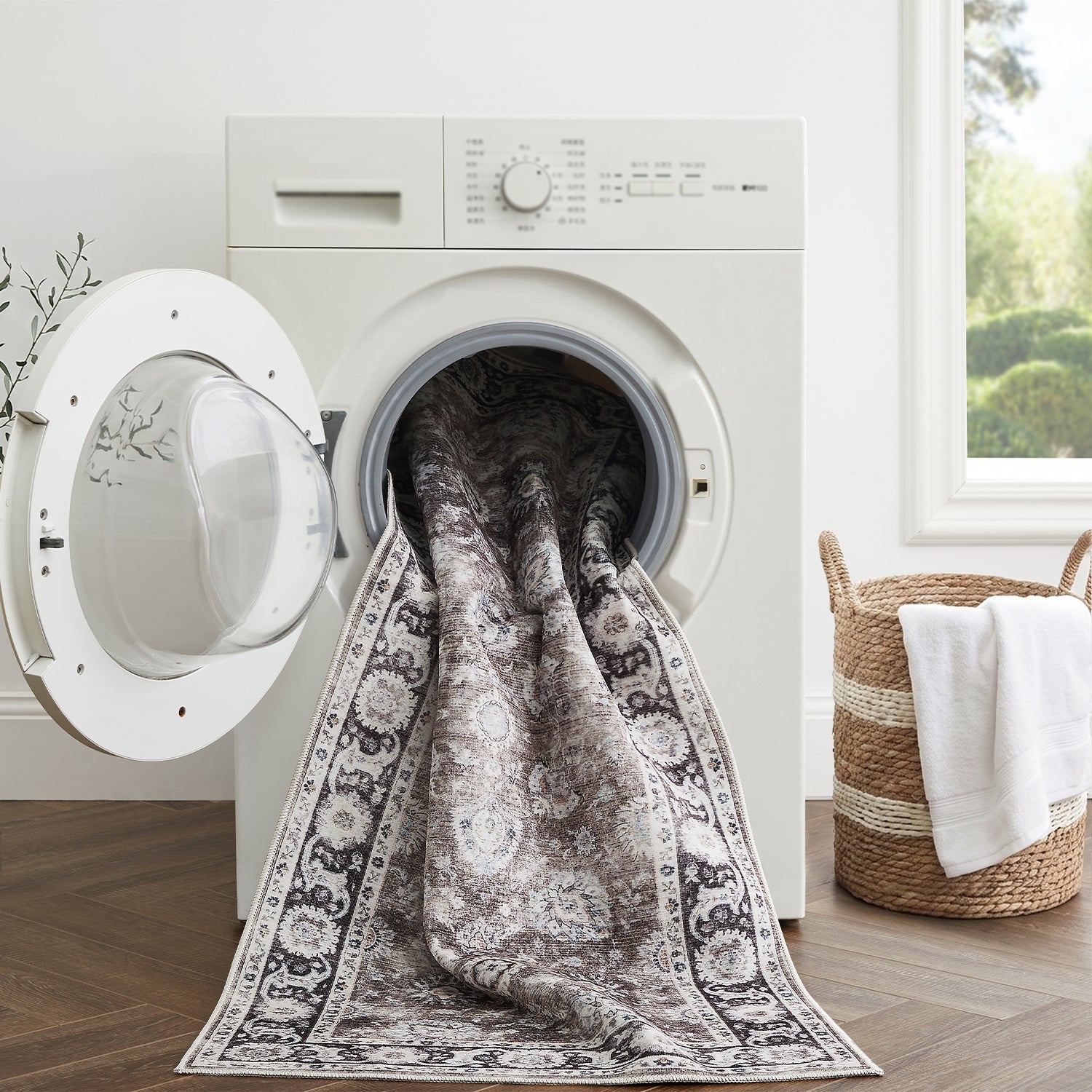 Charcoal & Brown Distressed Persian Floral Washable Rug - Traditional Border Carpet
