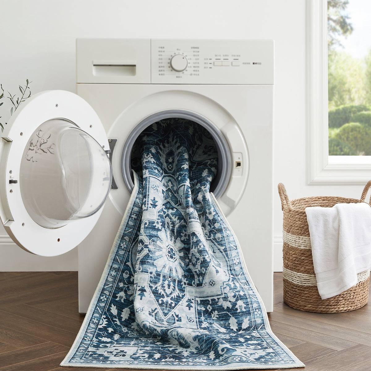 Blue Distressed Heriz Medallion Washable Rug - Persian Geometric Area Carpet