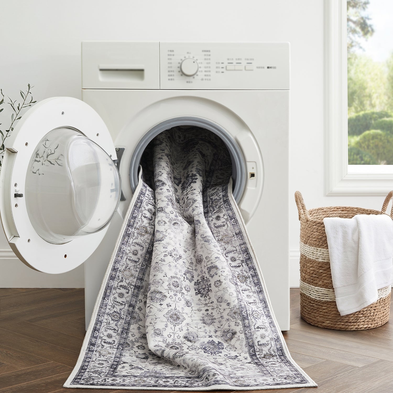 Grey & Ivory Distressed Persian Floral Washable Rug - Traditional All-Over Border Carpet