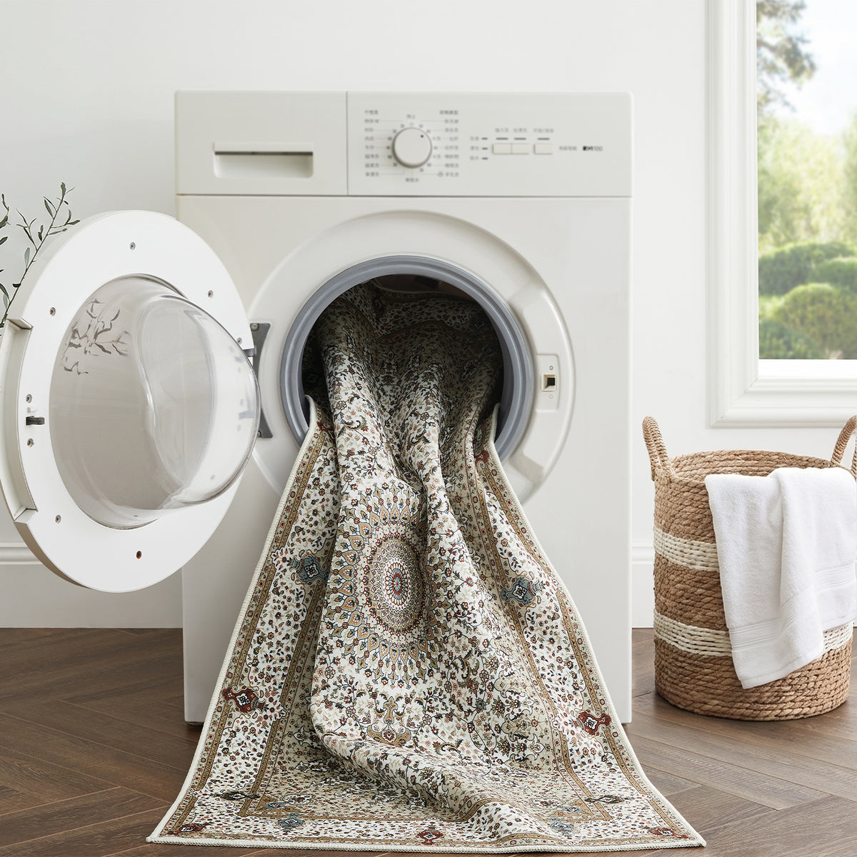 Beige & Cream Persian Medallion Washable Rug - Classic Oriental Carpet