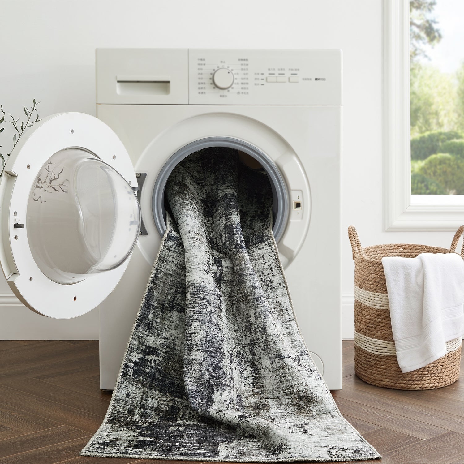 Grey Abstract Distressed Washable Rug - Modern Concrete-Effect Area Carpet