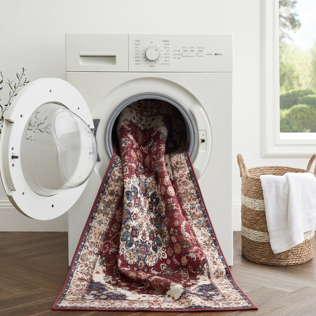 Burgundy & Beige Persian Floral Medallion Washable Rug - Classic Kashan/Tabriz Carpet