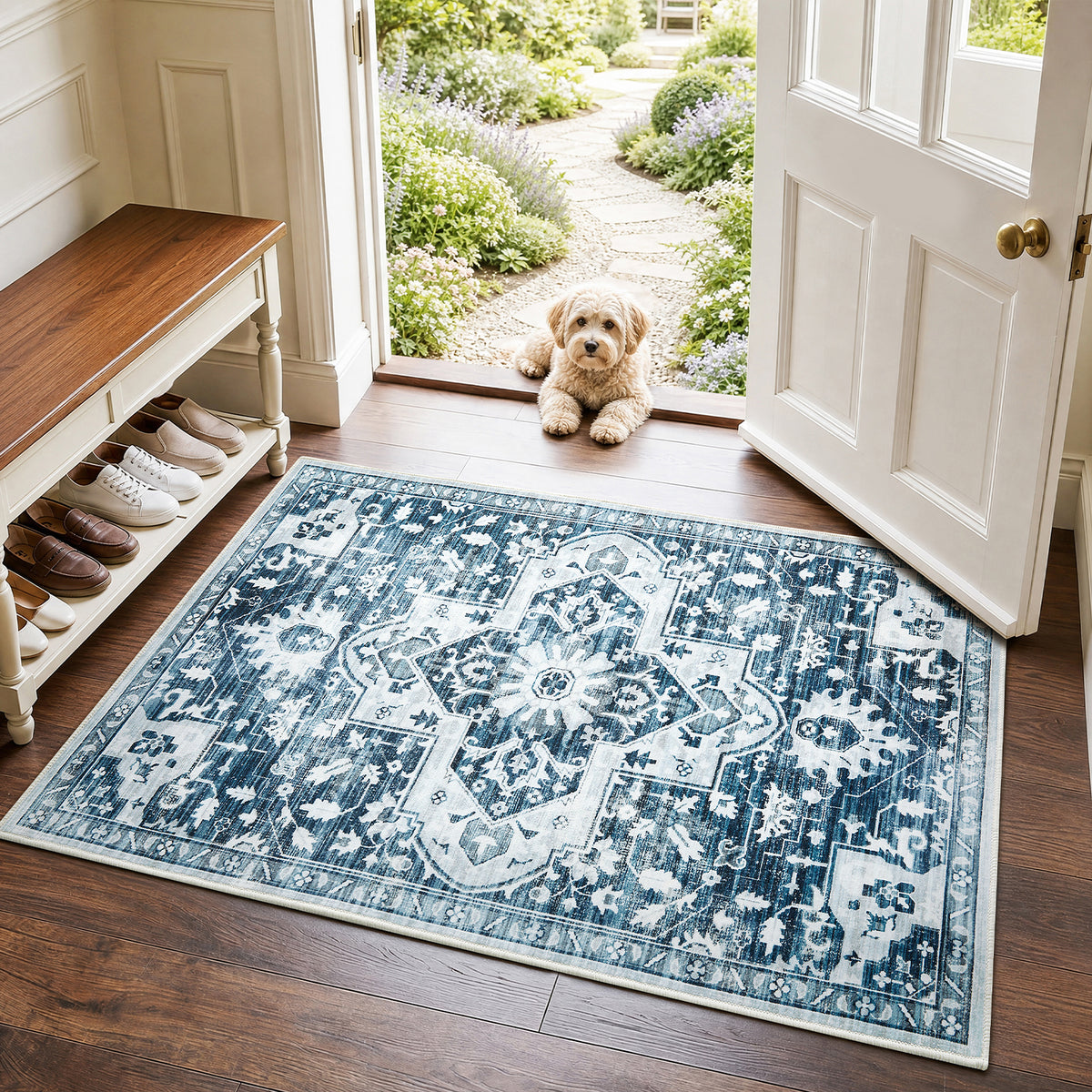 Blue Distressed Heriz Medallion Washable Rug - Persian Geometric Area Carpet