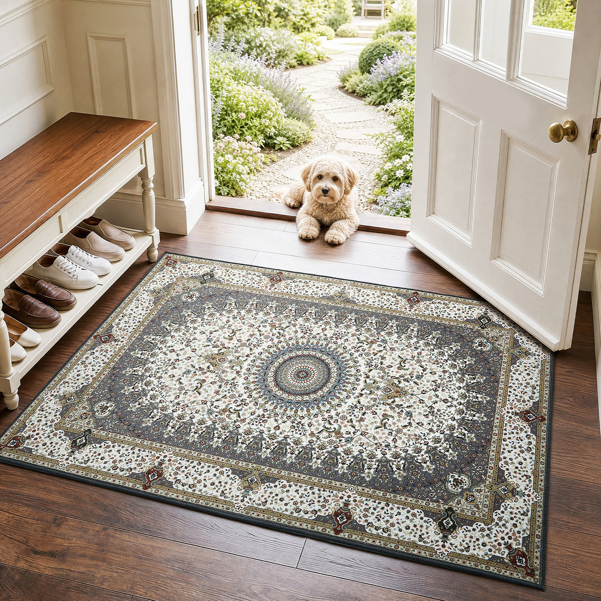 Grey & Cream Persian Rosette Medallion Washable Rug - Traditional Isfahan Carpet