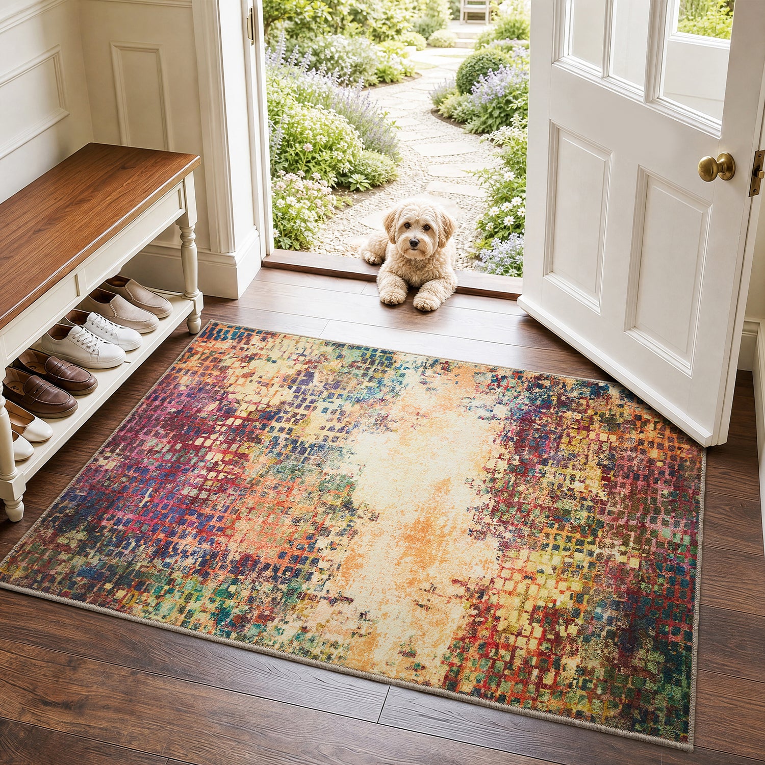 Multicolour Abstract Pixel Mosaic Washable Rug - Modern Fade Design Carpet