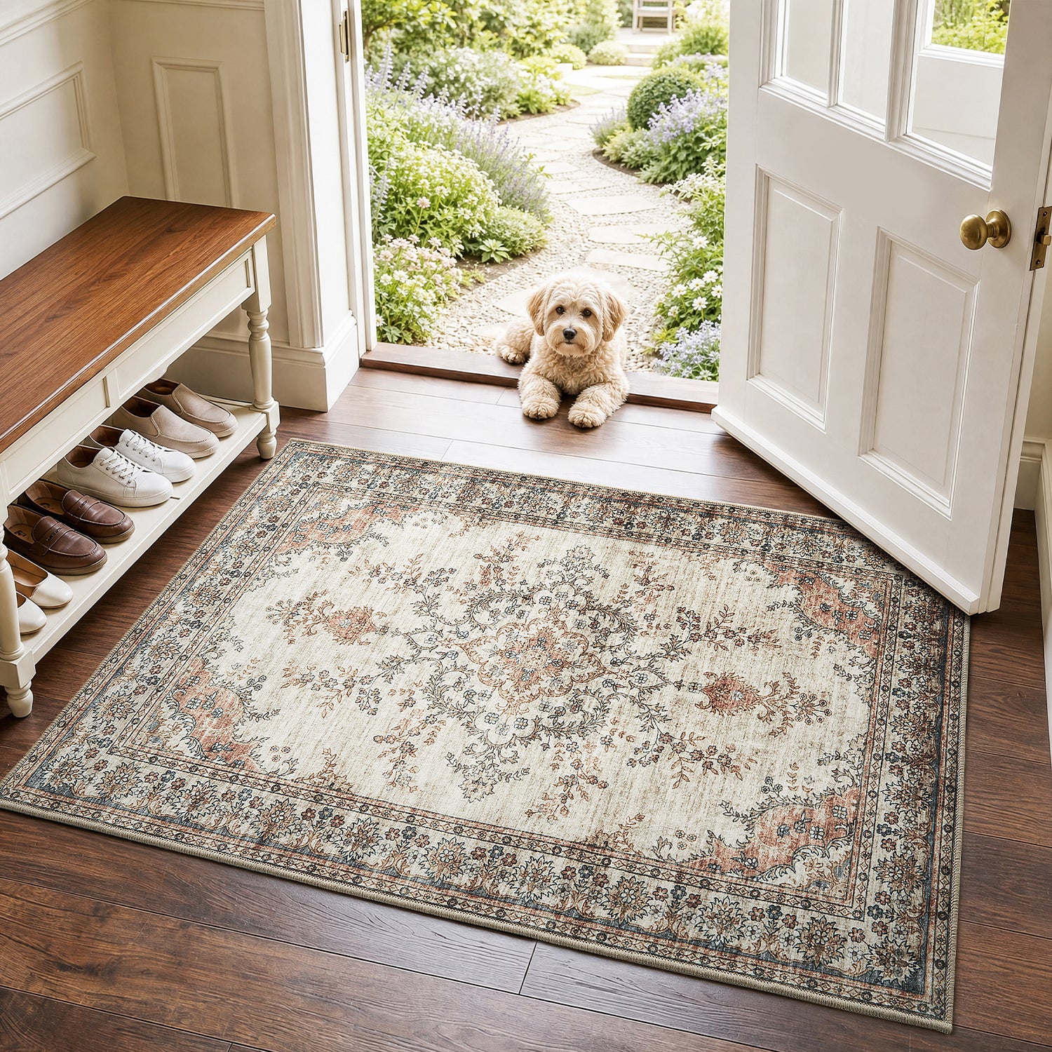 Beige & Terracotta Persian Floral Medallion Washable Rug - Vintage Distressed Carpet