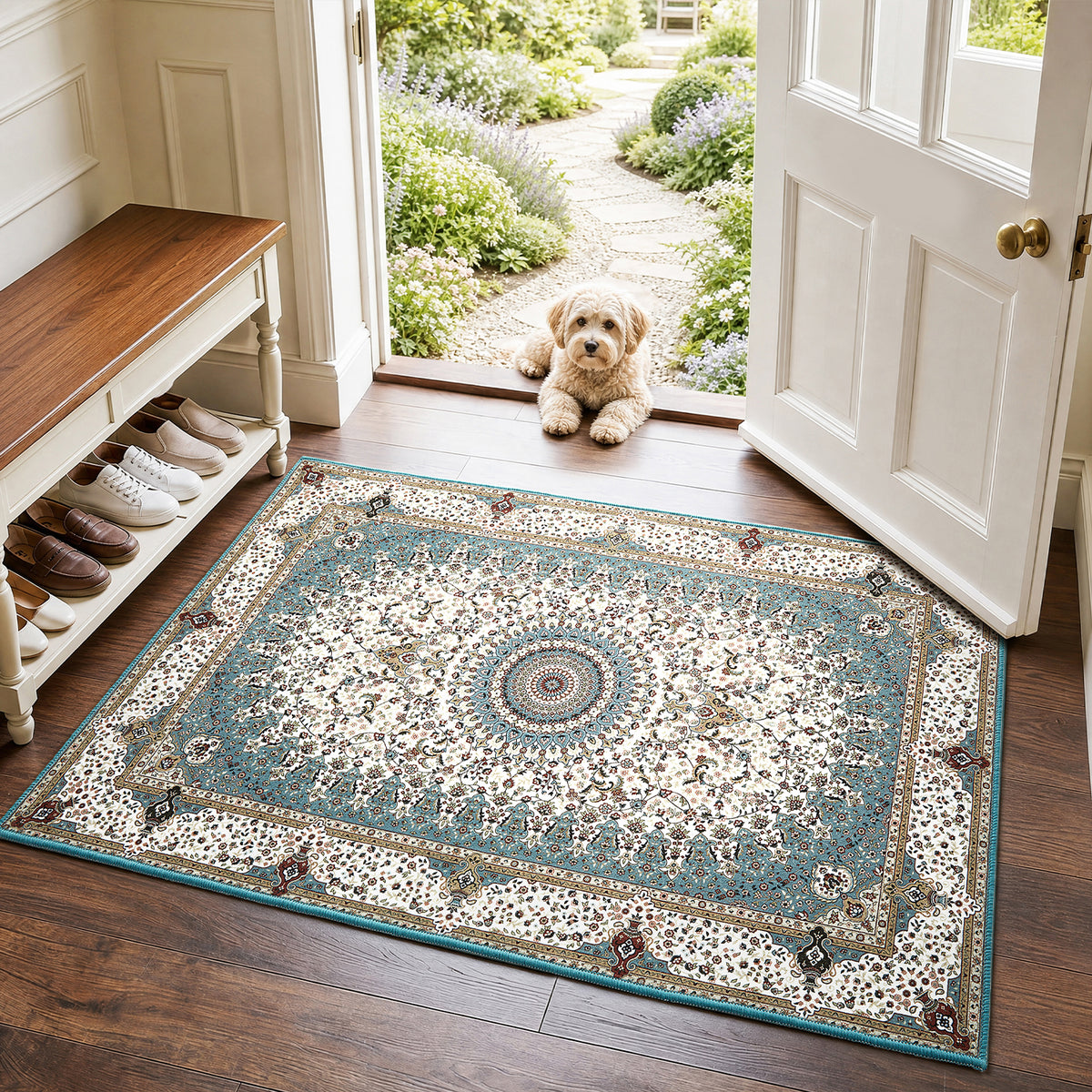 Teal & Cream Persian Medallion Washable Rug - Traditional Floral Area Carpet