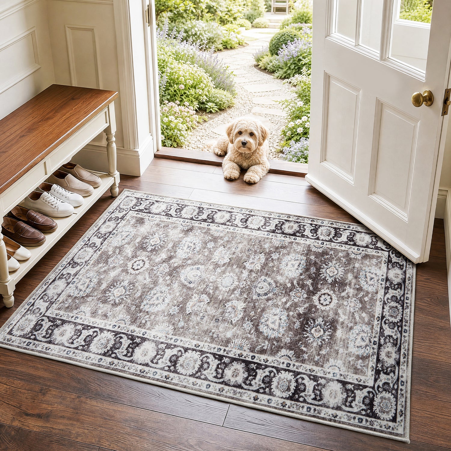 Charcoal & Brown Distressed Persian Floral Washable Rug - Traditional Border Carpet