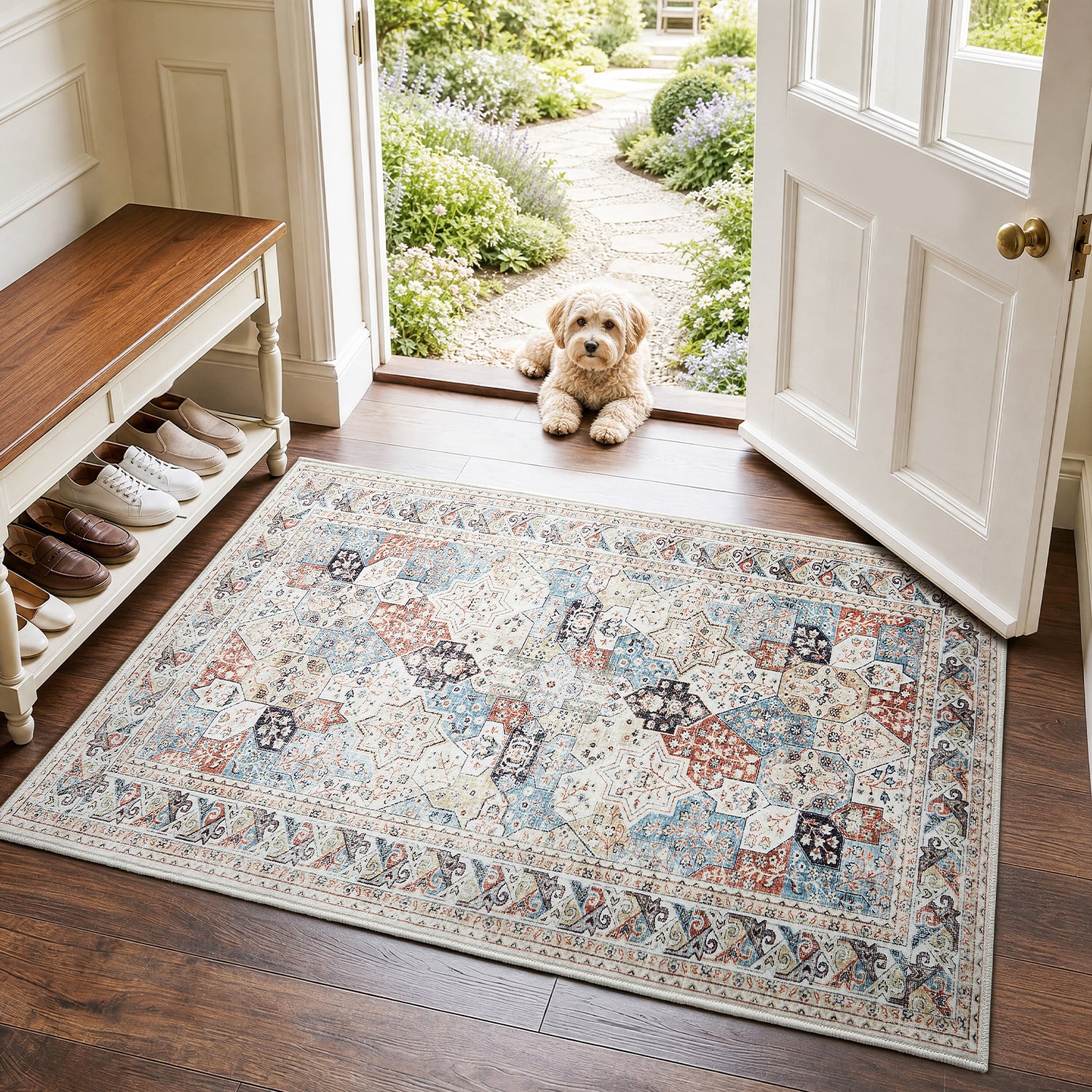 Beige & Blue Multi Mamluk Star Lattice Washable Vintage Area Rug