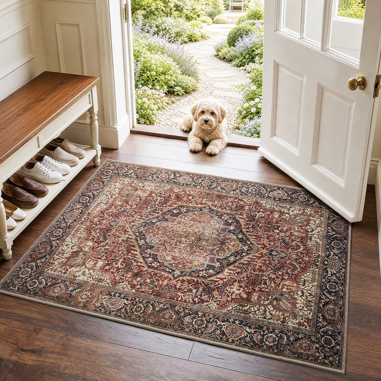 Rust & Navy Heriz Medallion Washable Rug - Traditional Persian Geometric Carpet
