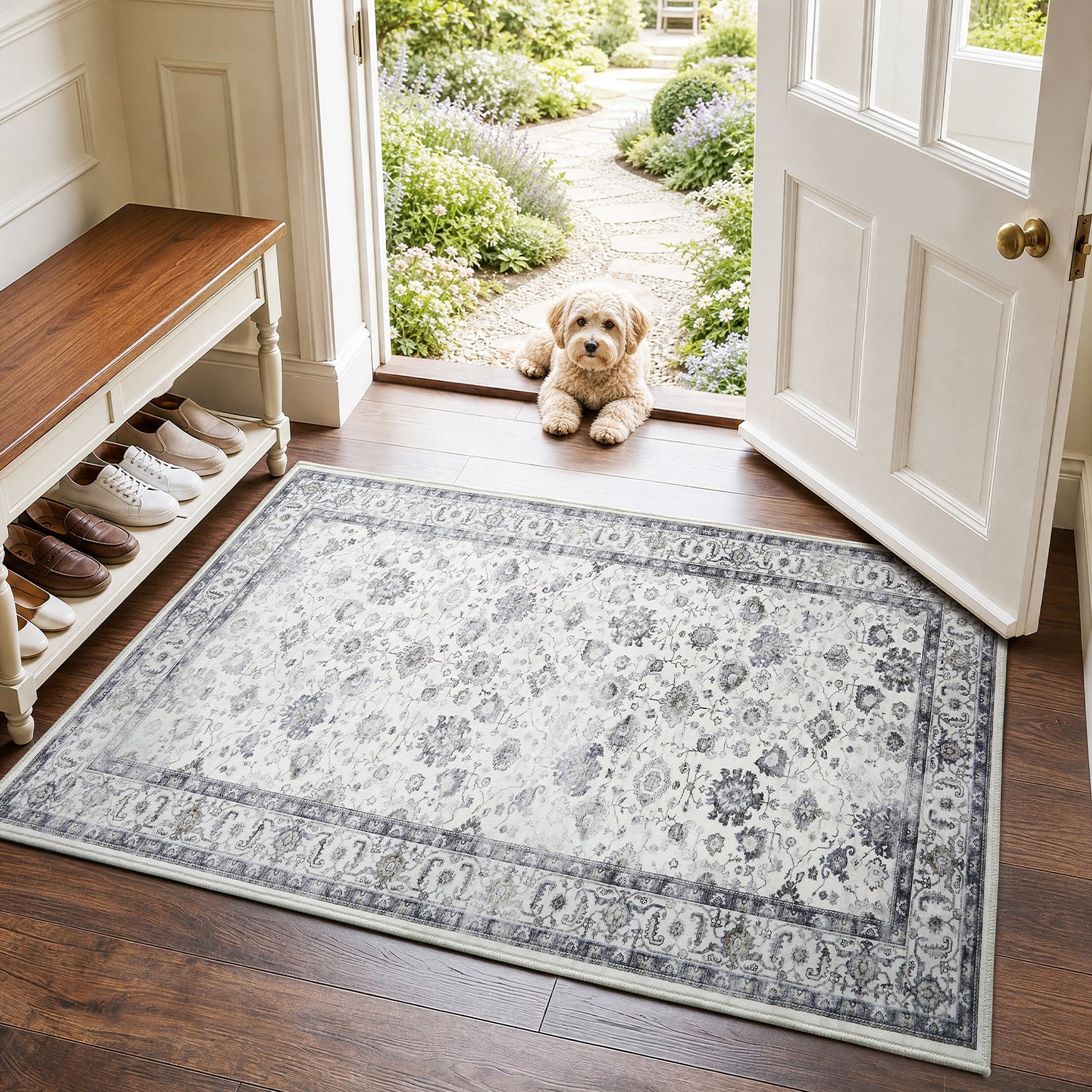 Grey & Ivory Distressed Persian Floral Washable Rug - Traditional All-Over Border Carpet